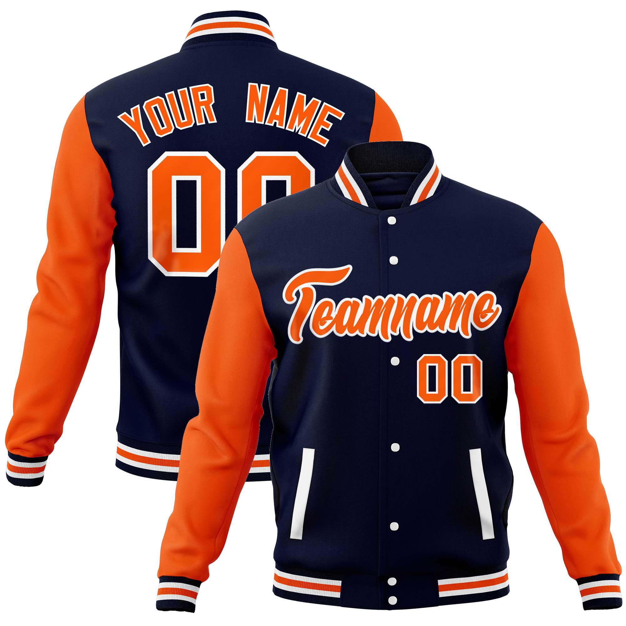 Custom Navy Orange Varsity Full-Snap Raglan Sleeves Letterman Baseball Jacket