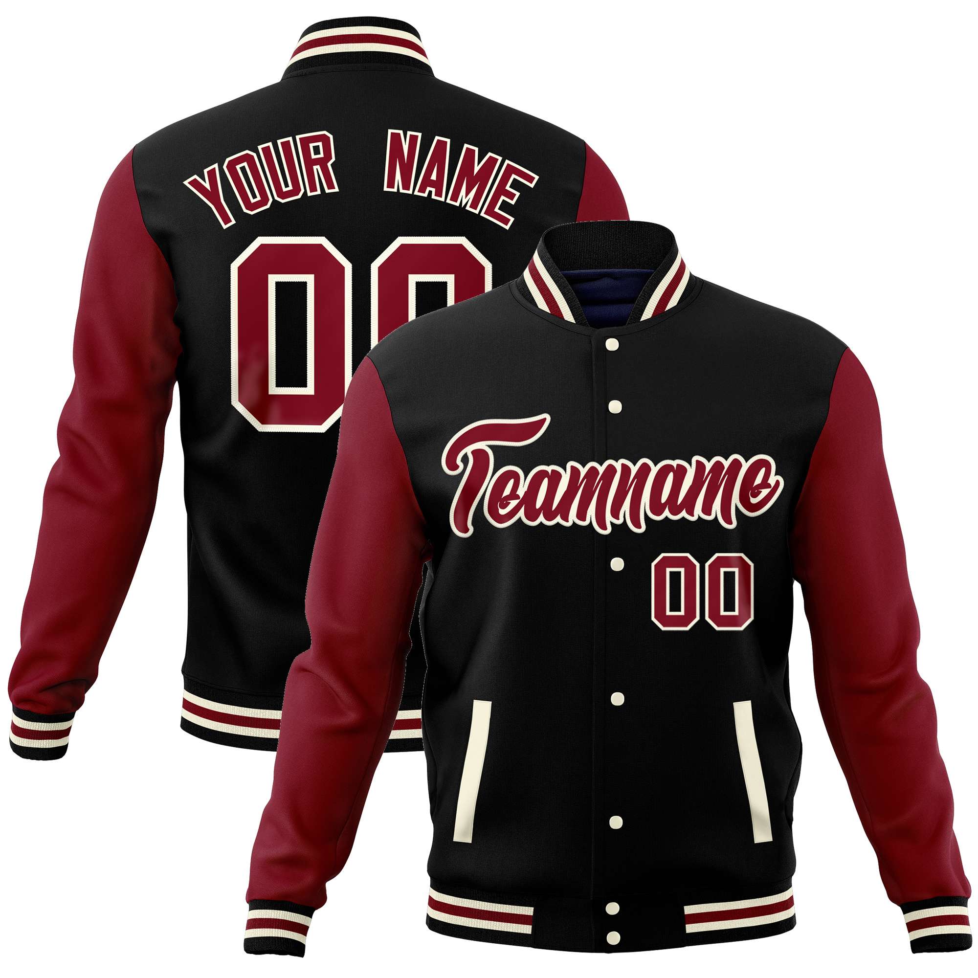 Custom Black Crimson Varsity Full-Snap Raglan Sleeves Letterman Baseball Jacket