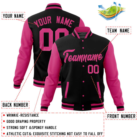 Custom Black Pink Varsity Full-Snap Raglan Sleeves Letterman Baseball Jacket
