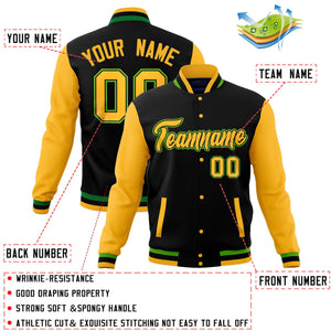 Custom Black Gold Varsity Full-Snap Raglan Sleeves Letterman Baseball Jacket