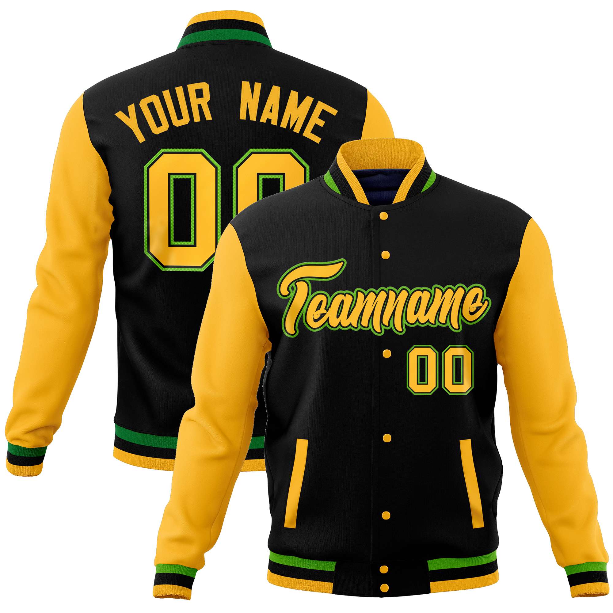 Custom Black Gold Varsity Full-Snap Raglan Sleeves Letterman Baseball Jacket