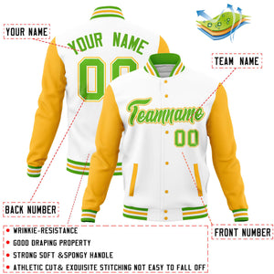 Custom White Gold Varsity Full-Snap Raglan Sleeves Letterman Baseball Jacket