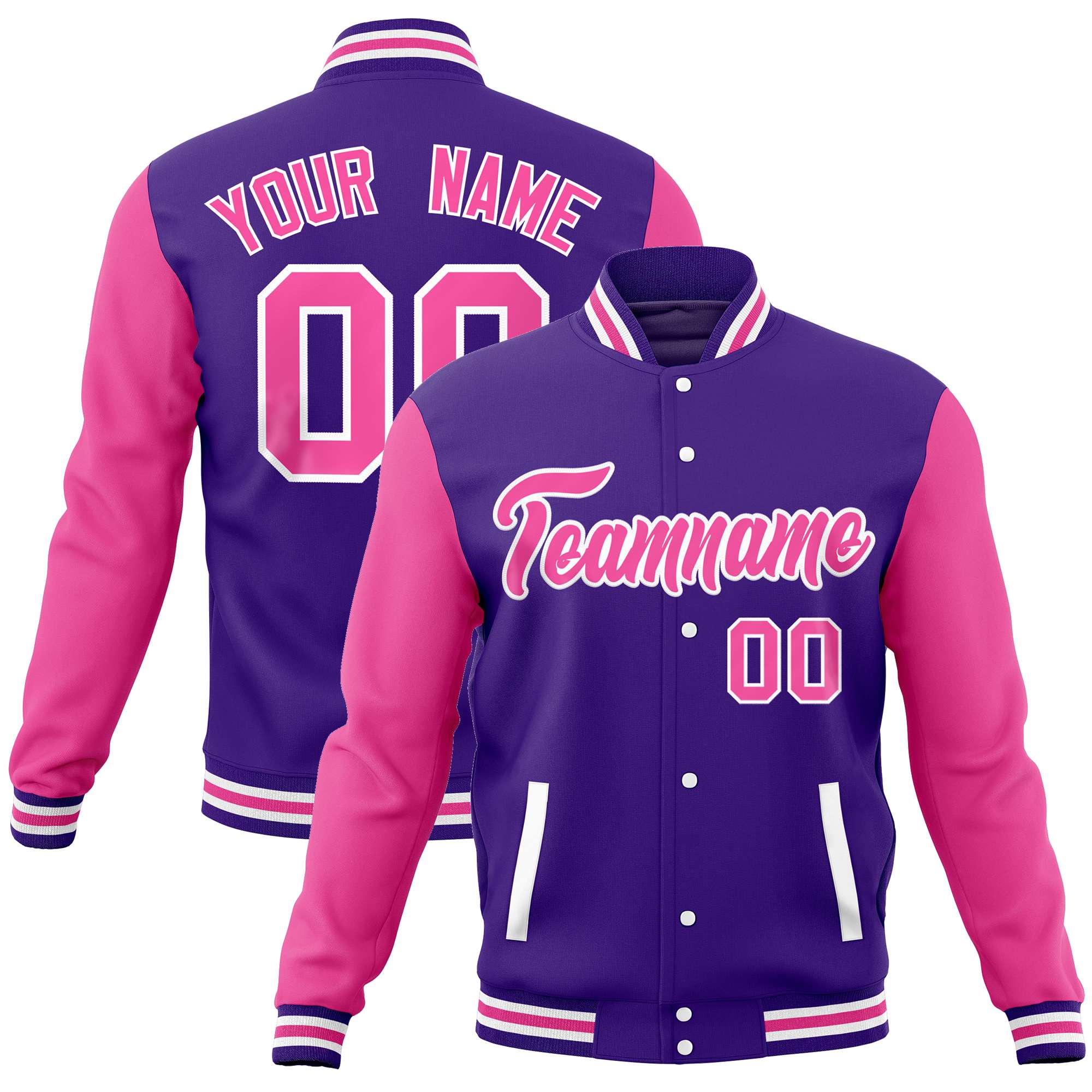 Custom Purple Pink Varsity Full-Snap Raglan Sleeves Letterman Baseball Jacket