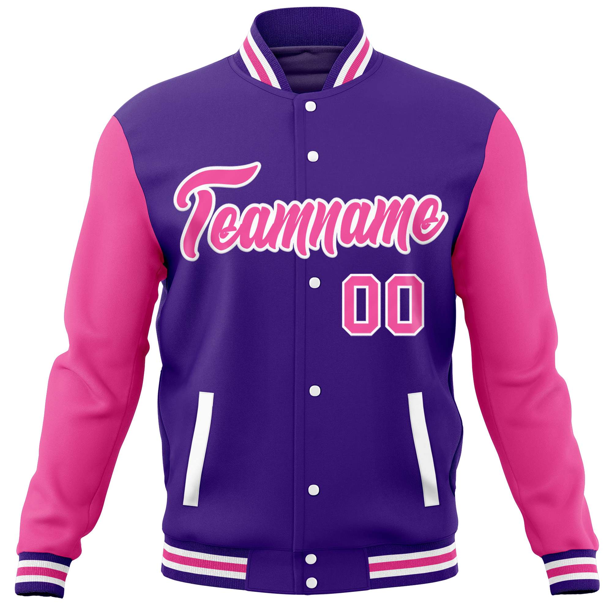 Custom Purple Pink Varsity Full-Snap Raglan Sleeves Letterman Baseball Jacket