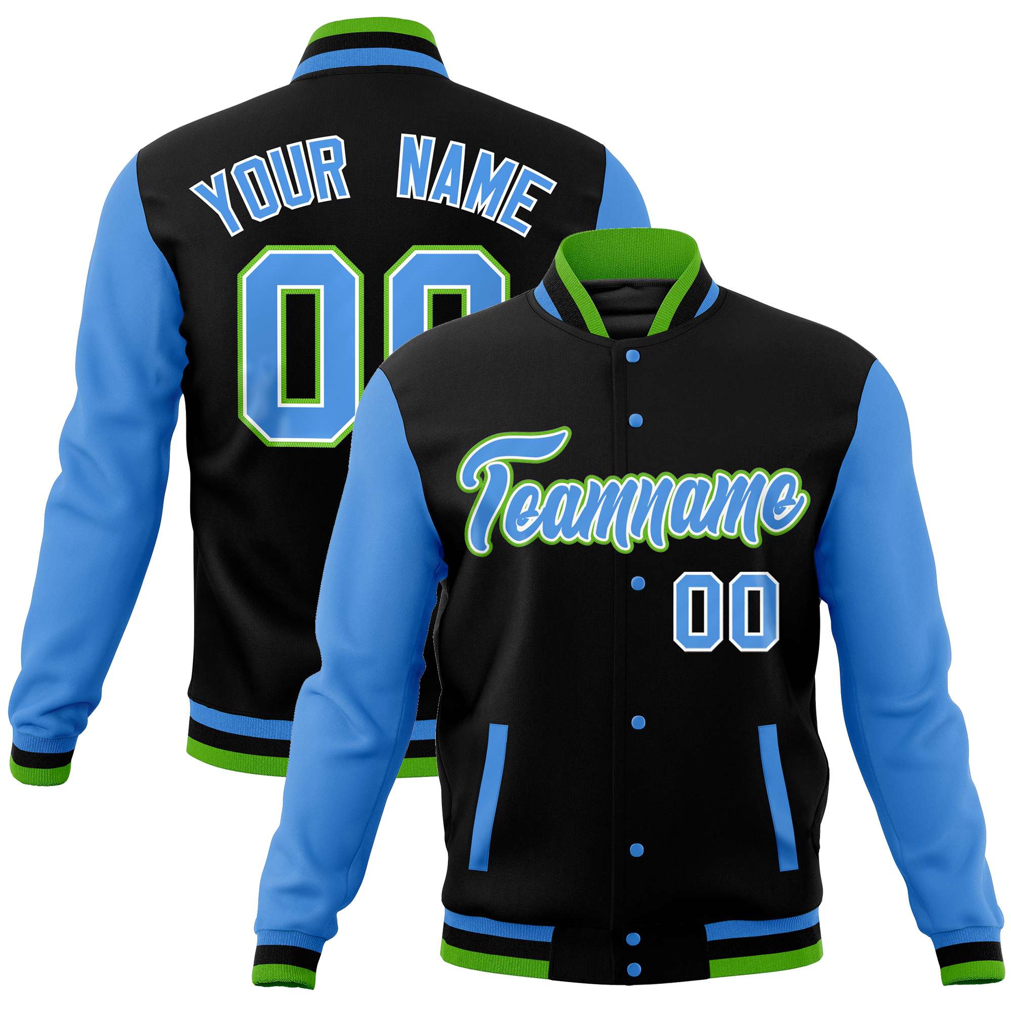 Custom Black Powder Blue Varsity Full-Snap Raglan Sleeves Letterman Baseball Jacket