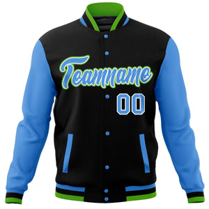 Custom Black Powder Blue Varsity Full-Snap Raglan Sleeves Letterman Baseball Jacket