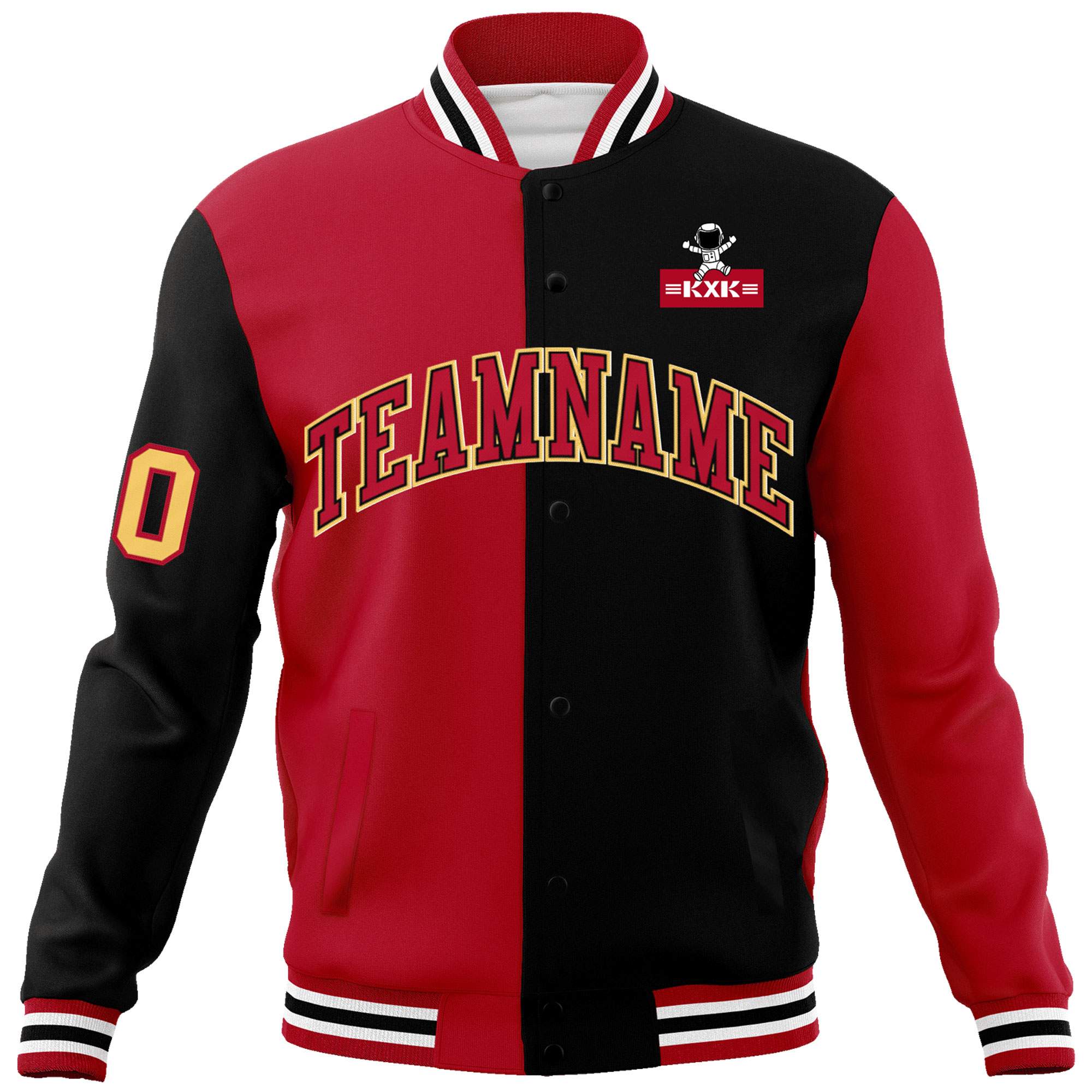 Custom Red Black Two Tone Split Fashion Varsity Letterman Jacket with Raglan Sleeves