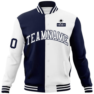 Custom Navy White Two Tone Split Fashion Varsity Letterman Jacket with Raglan Sleeves