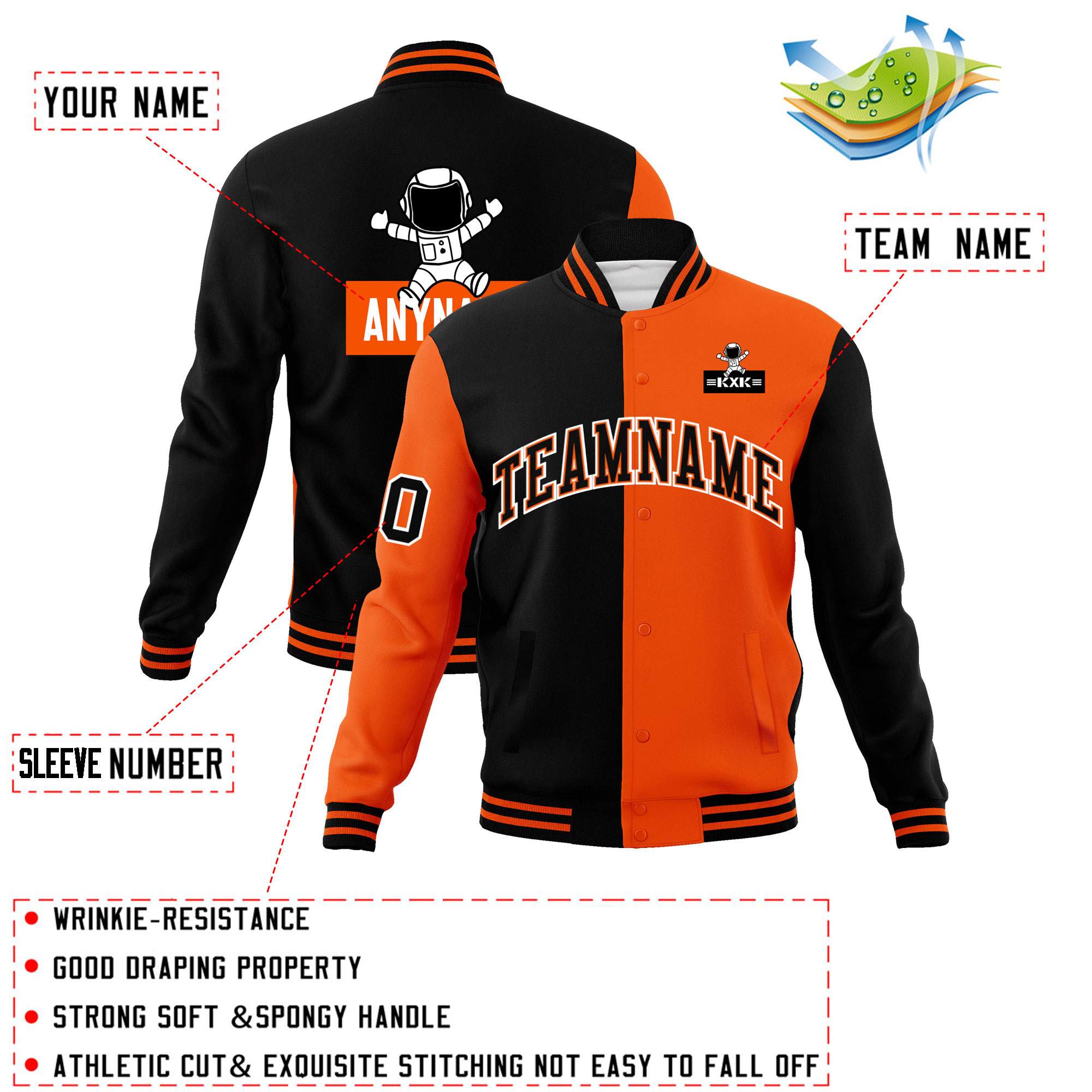 Custom Black Orange Two Tone Split Fashion Varsity Letterman Jacket with Raglan Sleeves