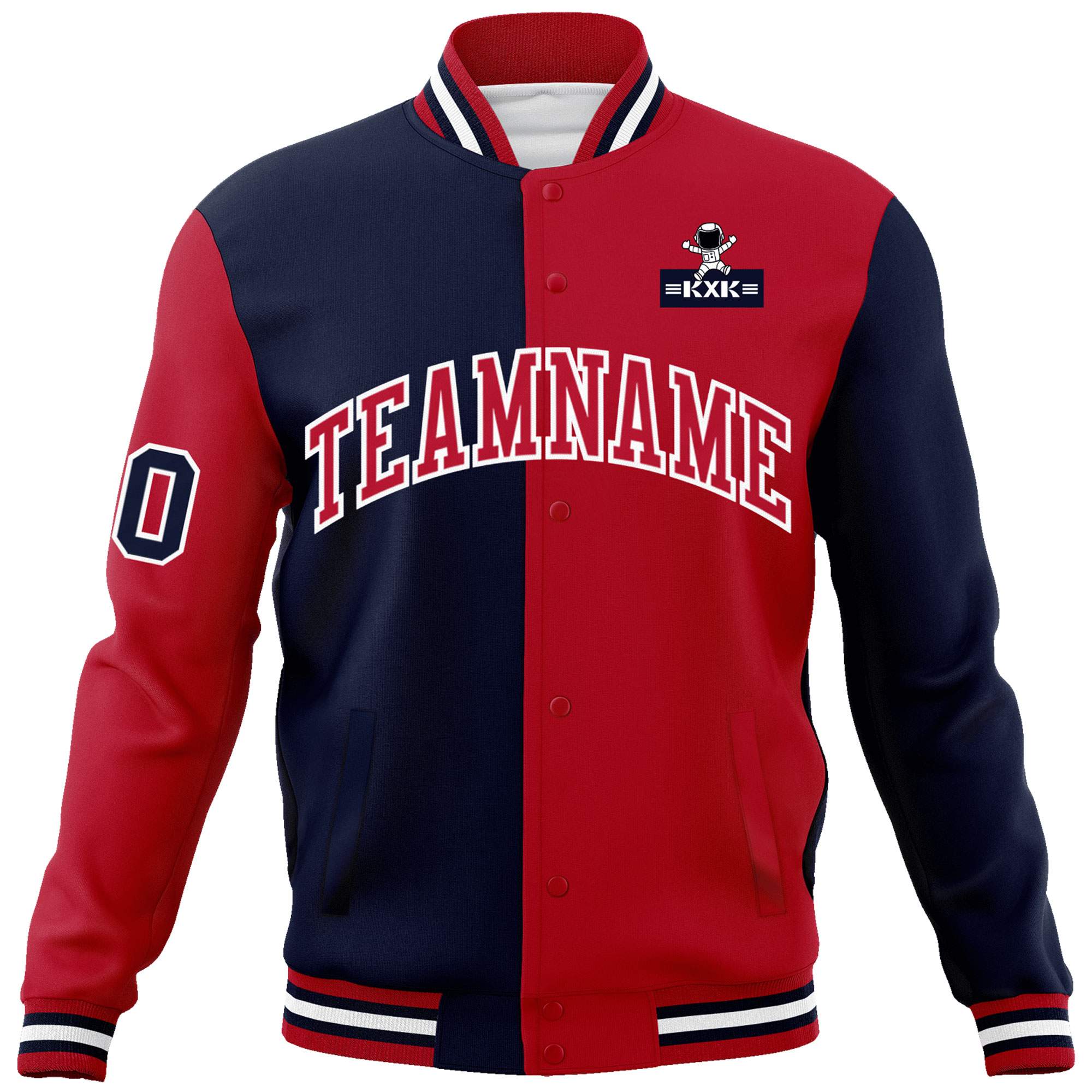 Custom Navy Red Two Tone Split Fashion Varsity Letterman Jacket with Raglan Sleeves