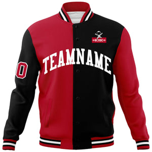 Custom Red Black Two Tone Split Fashion Varsity Letterman Jacket with Raglan Sleeves