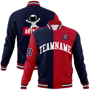 Custom Navy Red Two Tone Split Fashion Varsity Letterman Jacket with Raglan Sleeves