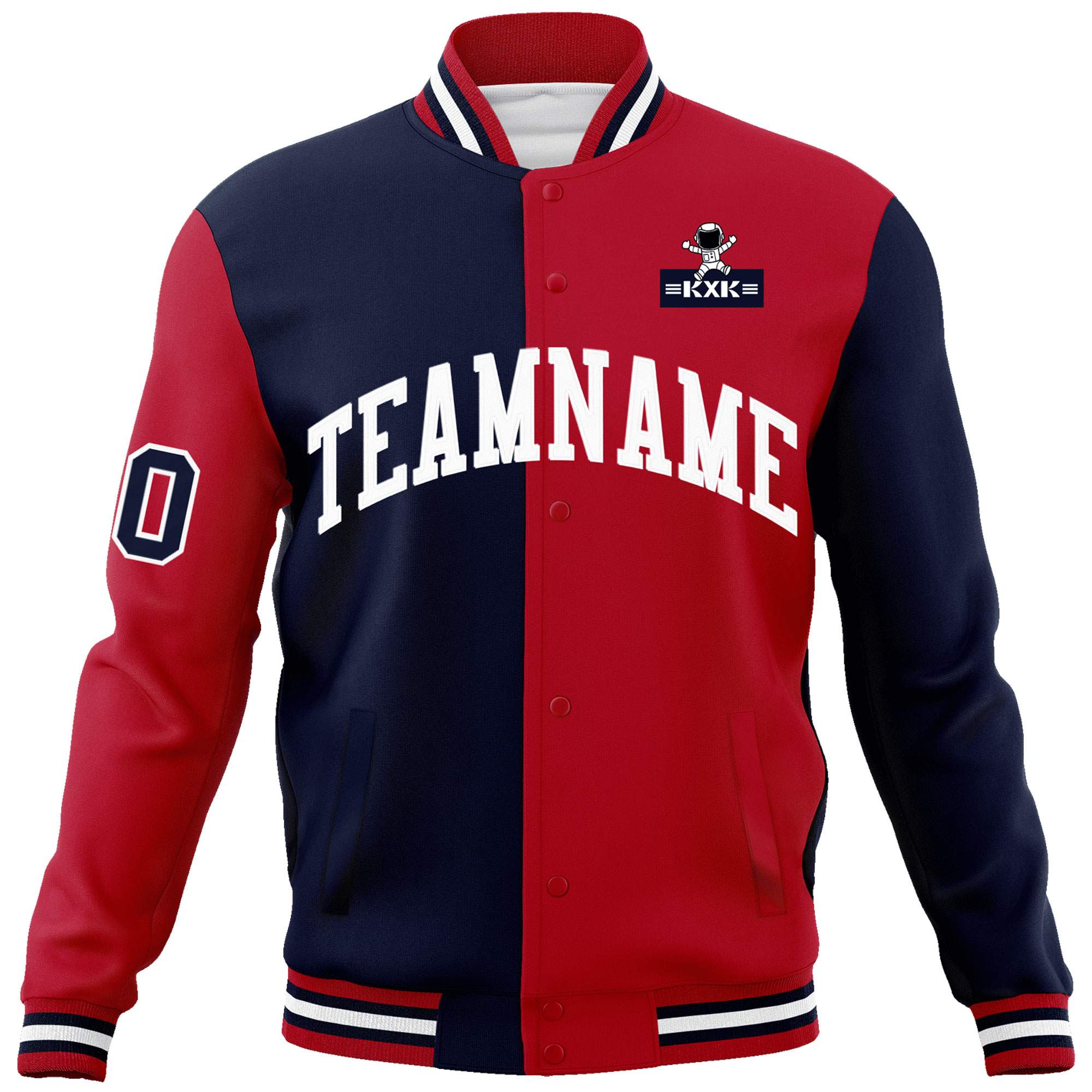 Custom Navy Red Two Tone Split Fashion Varsity Letterman Jacket with Raglan Sleeves