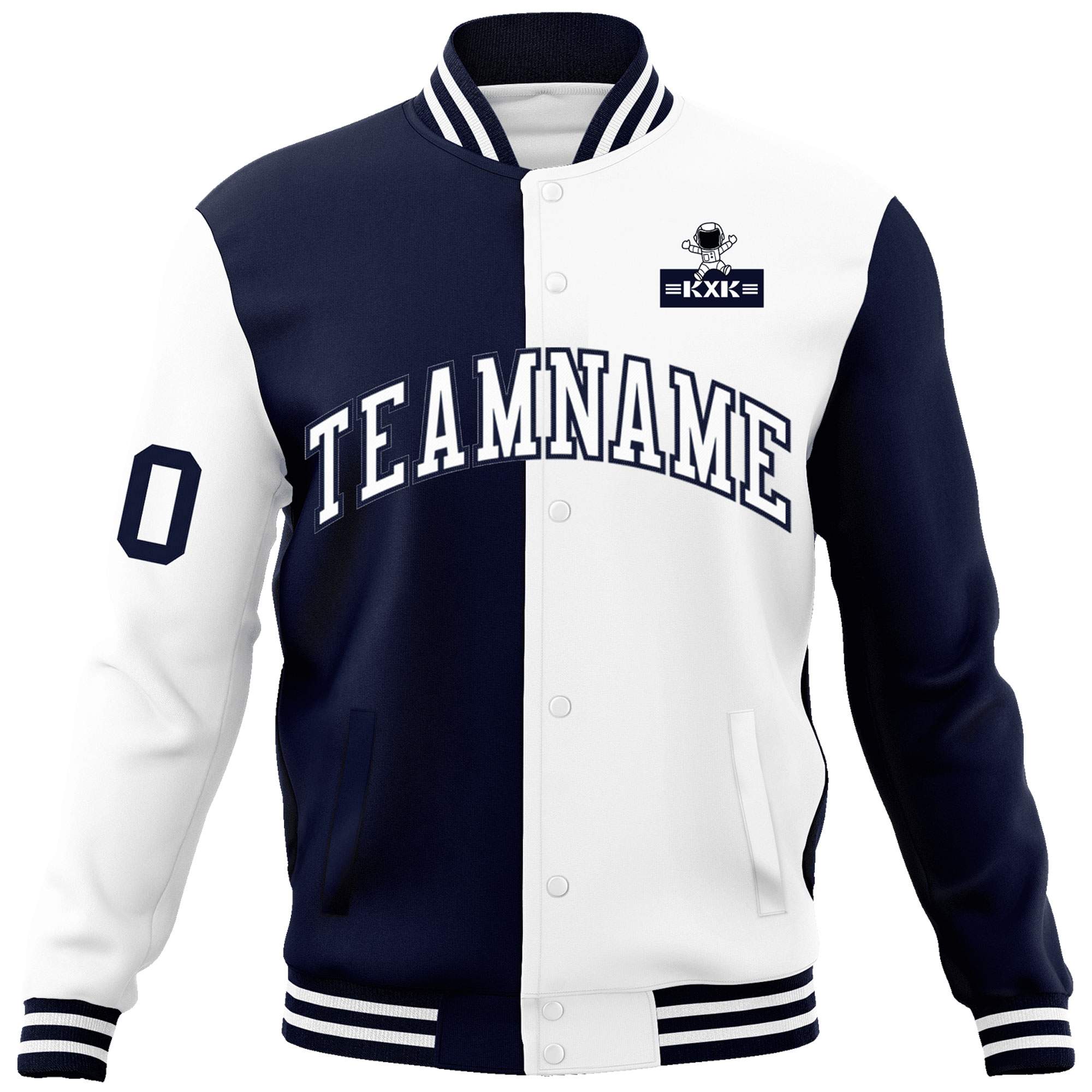 Custom Navy White Two Tone Split Fashion Varsity Letterman Jacket with Raglan Sleeves