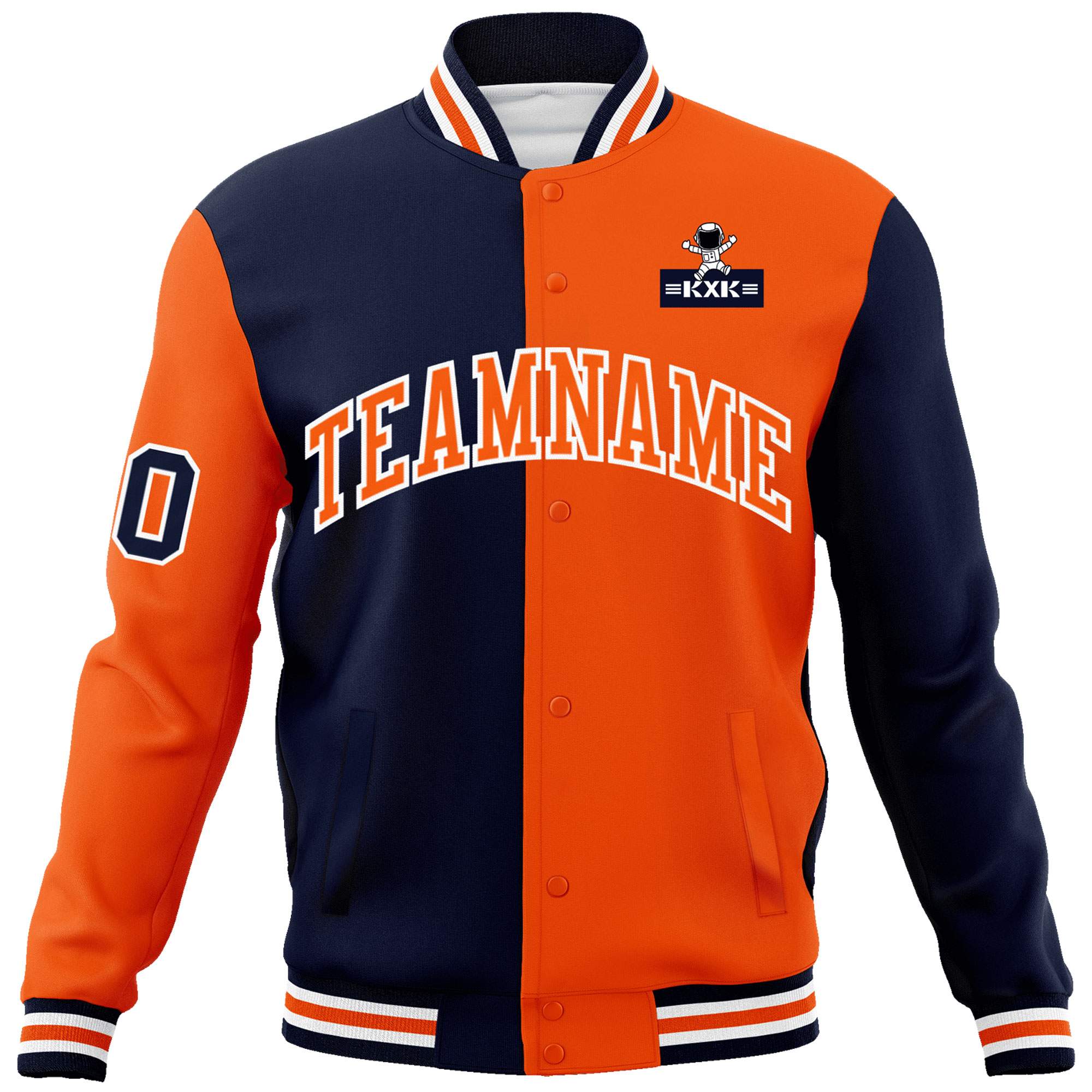 Custom Navy Orange Two Tone Split Fashion Varsity Letterman Jacket with Raglan Sleeves