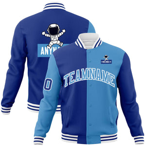 Custom Royal Light Blue Two Tone Split Fashion Varsity Letterman Jacket with Raglan Sleeves