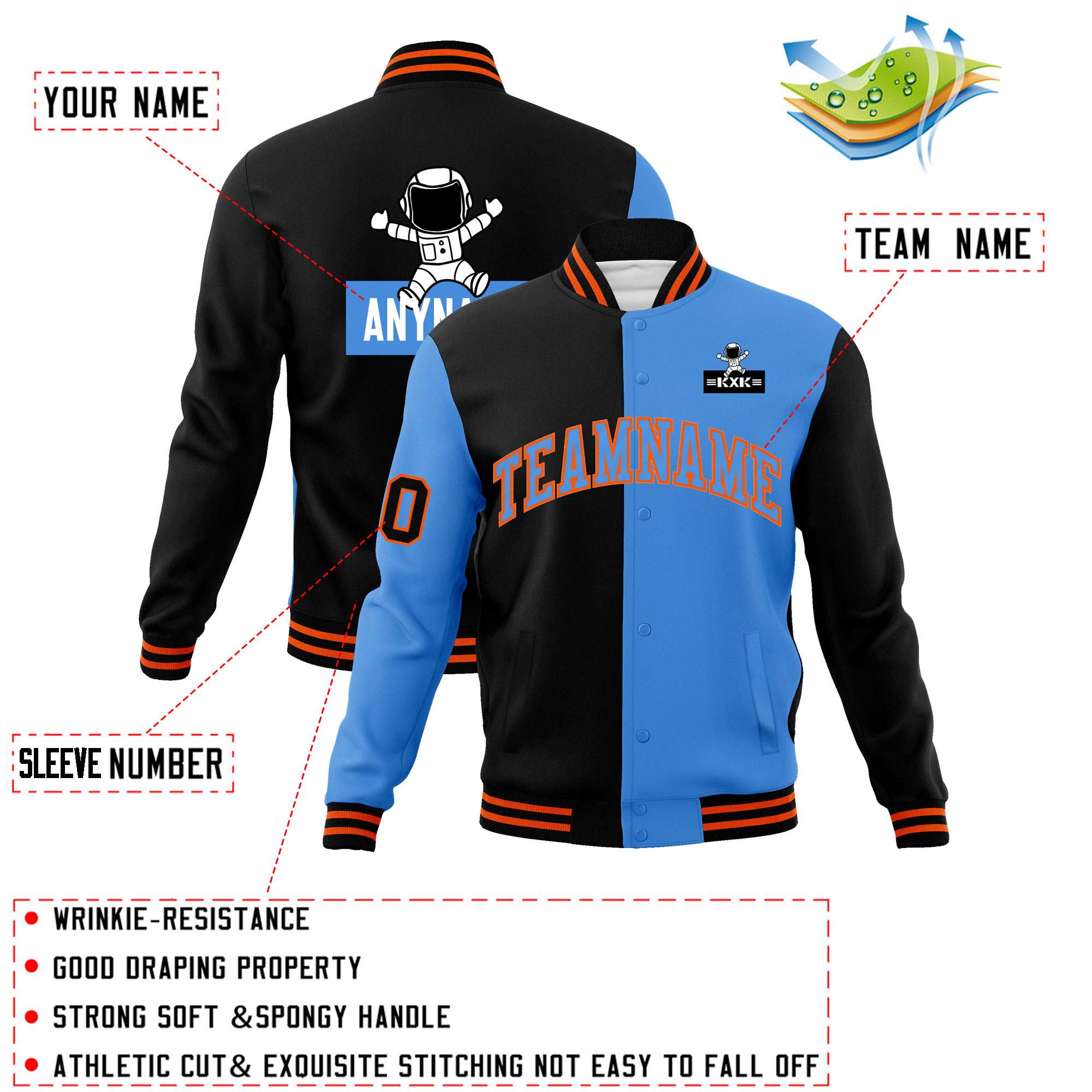 Custom Black Powder Blue Two Tone Split Fashion Varsity Letterman Jacket with Raglan Sleeves