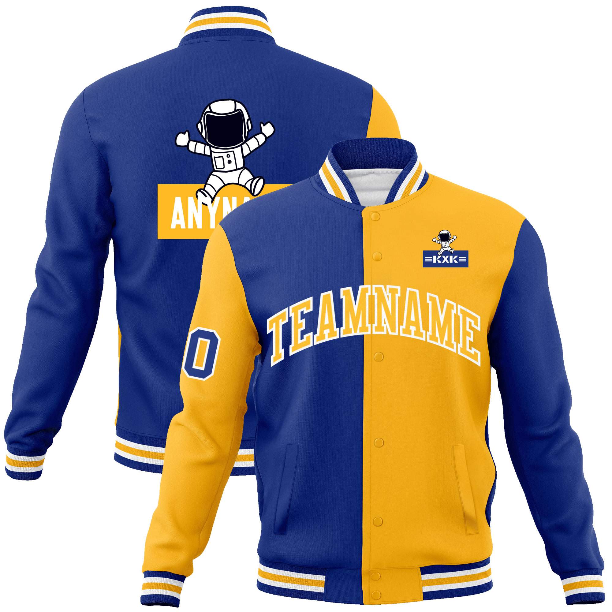 Custom Royal Gold Two Tone Split Fashion Varsity Letterman Jacket with Raglan Sleeves