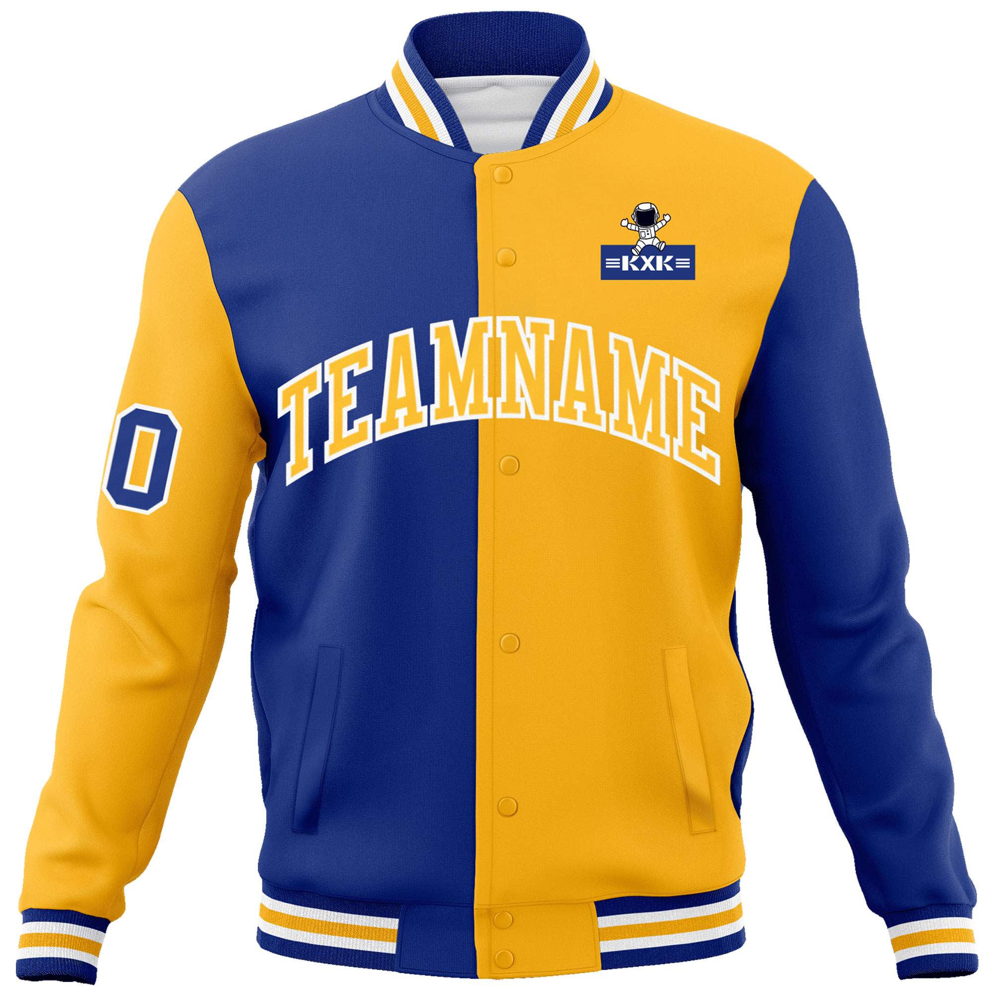 Custom Royal Gold Two Tone Split Fashion Varsity Letterman Jacket with Raglan Sleeves