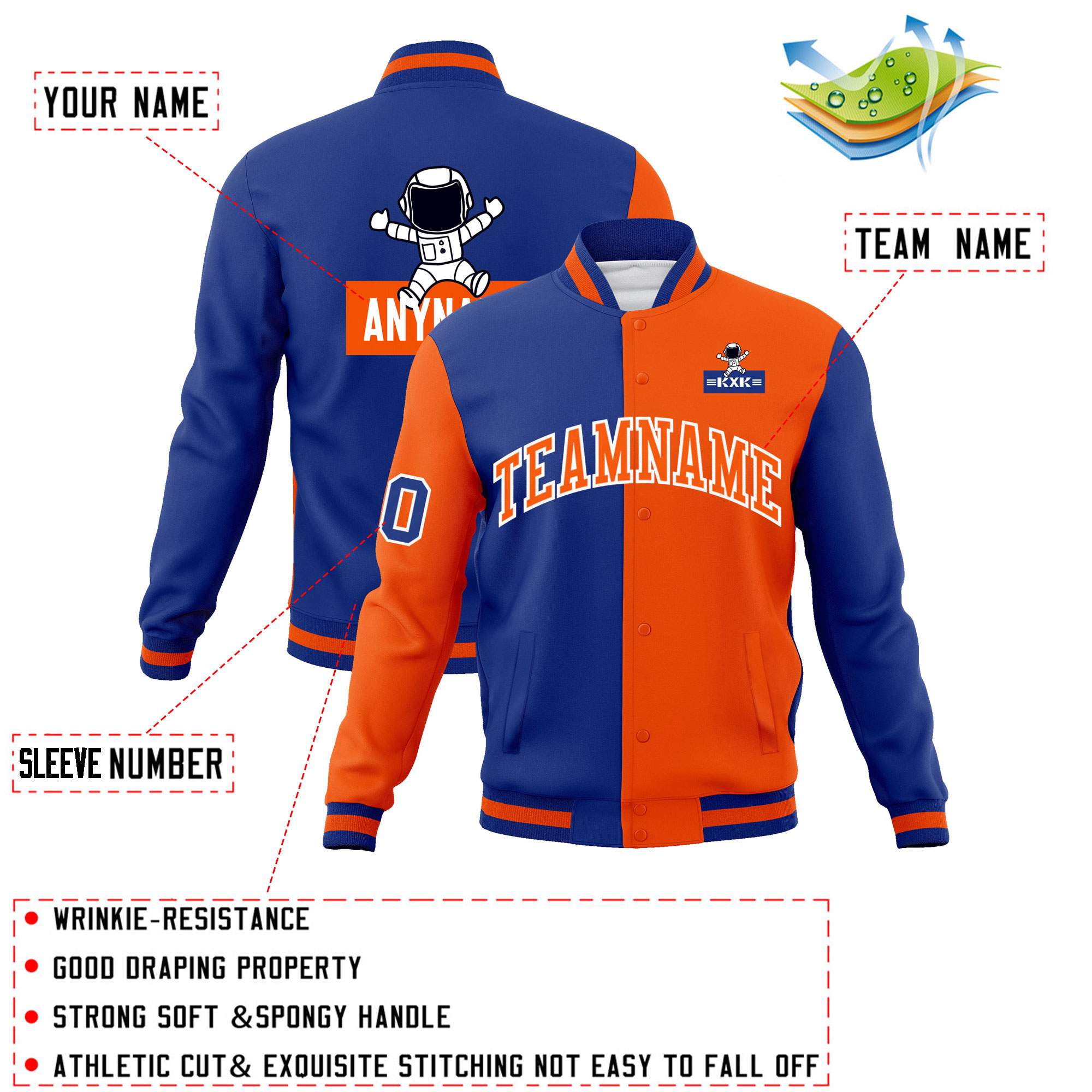 Custom Royal Orange Two Tone Split Fashion Varsity Letterman Jacket with Raglan Sleeves