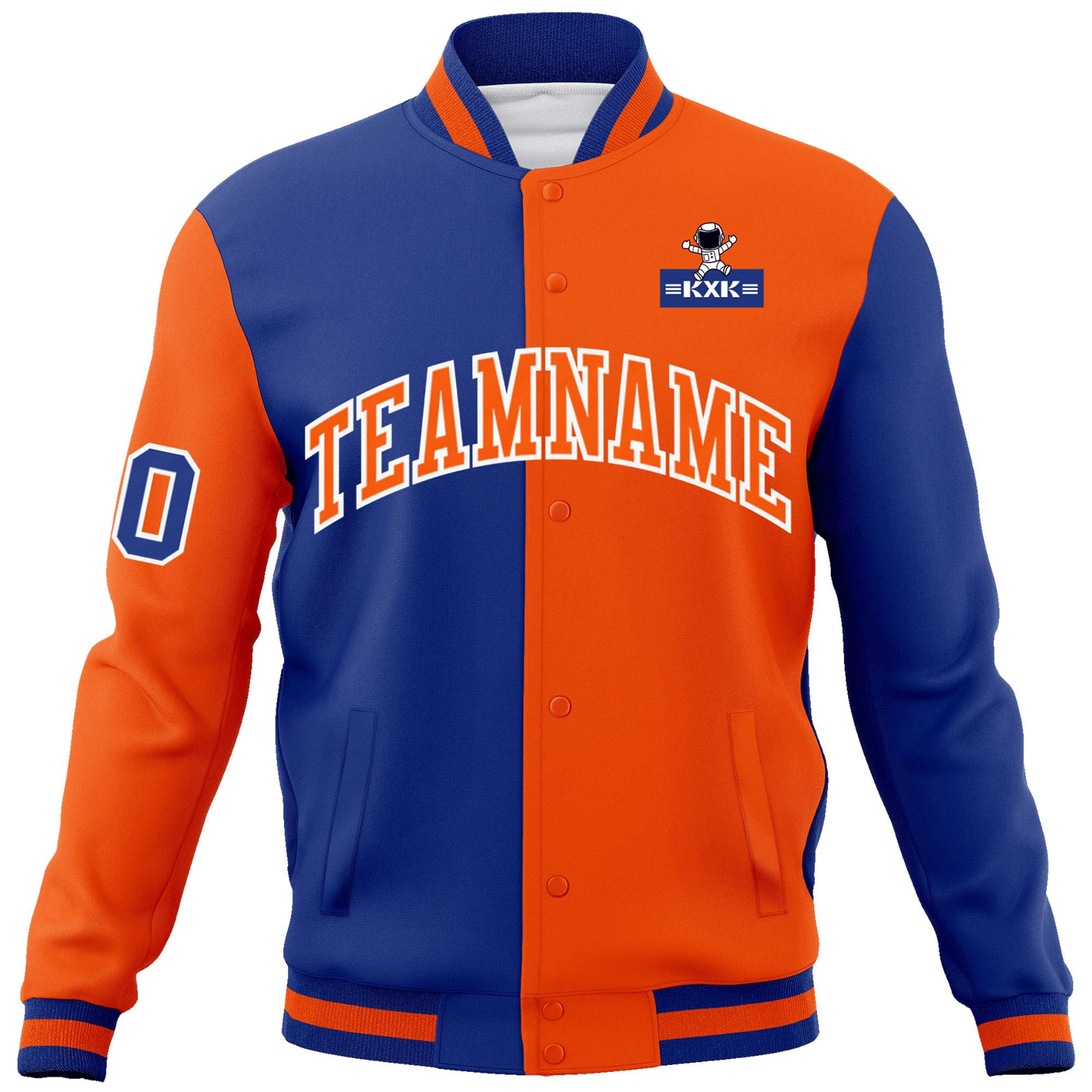 Custom Royal Orange Two Tone Split Fashion Varsity Letterman Jacket with Raglan Sleeves