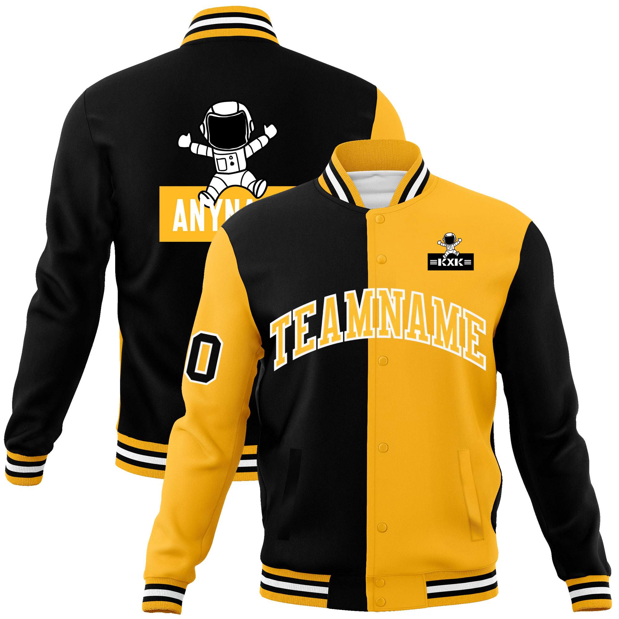 Custom Black Gold Two Tone Split Fashion Varsity Letterman Jacket with Raglan Sleeves