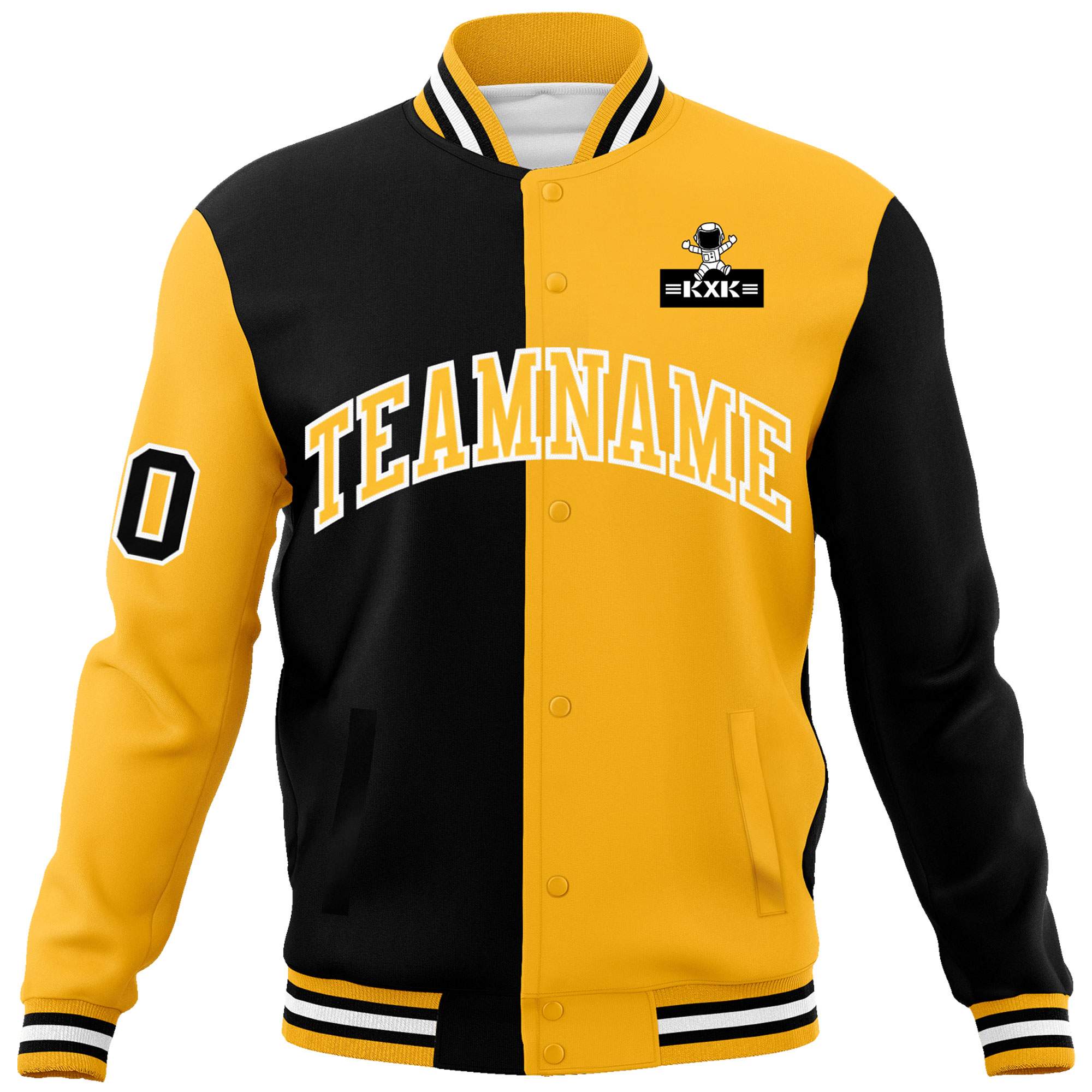 Custom Black Gold Two Tone Split Fashion Varsity Letterman Jacket with Raglan Sleeves