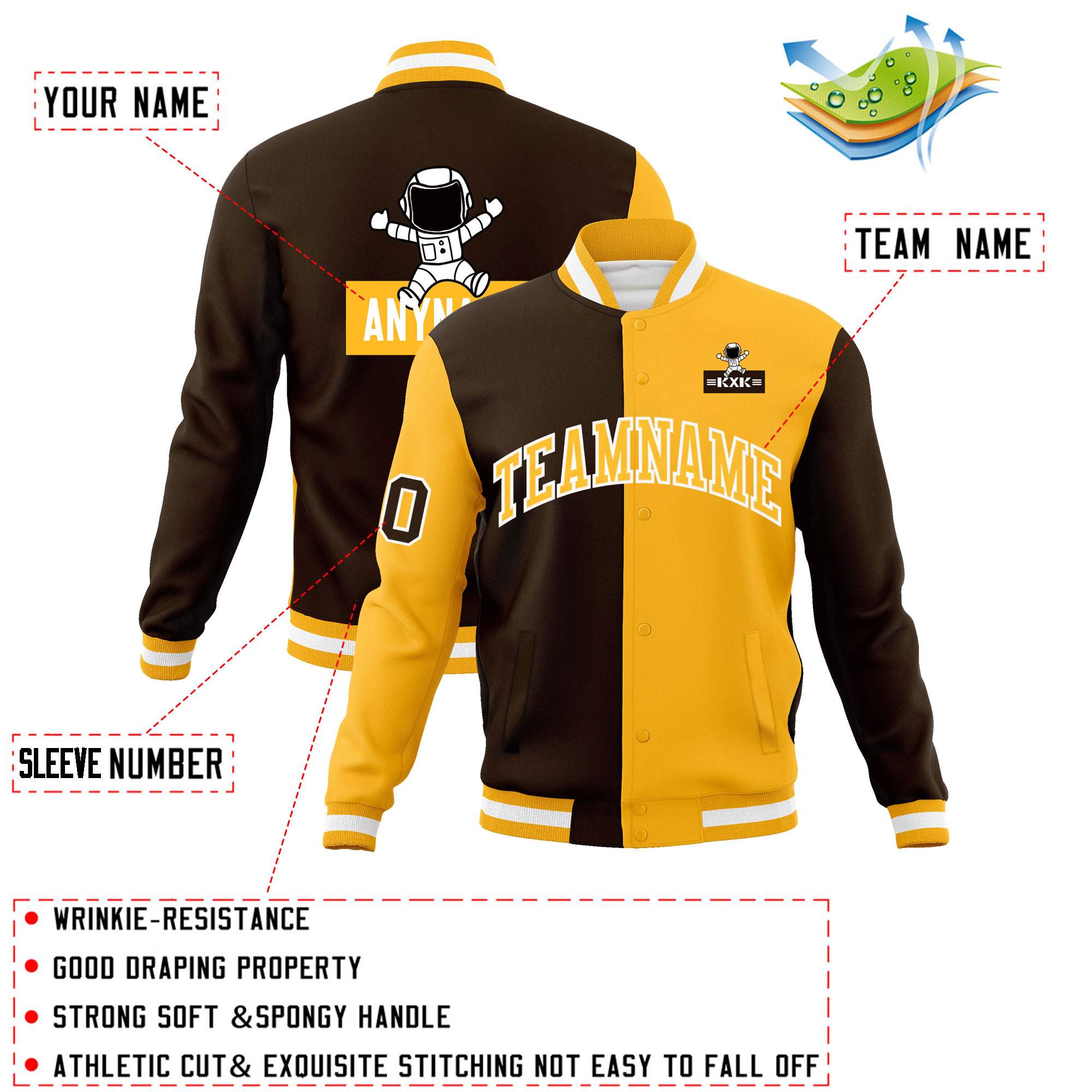 Custom Brown Gold Two Tone Split Fashion Varsity Letterman Jacket with Raglan Sleeves