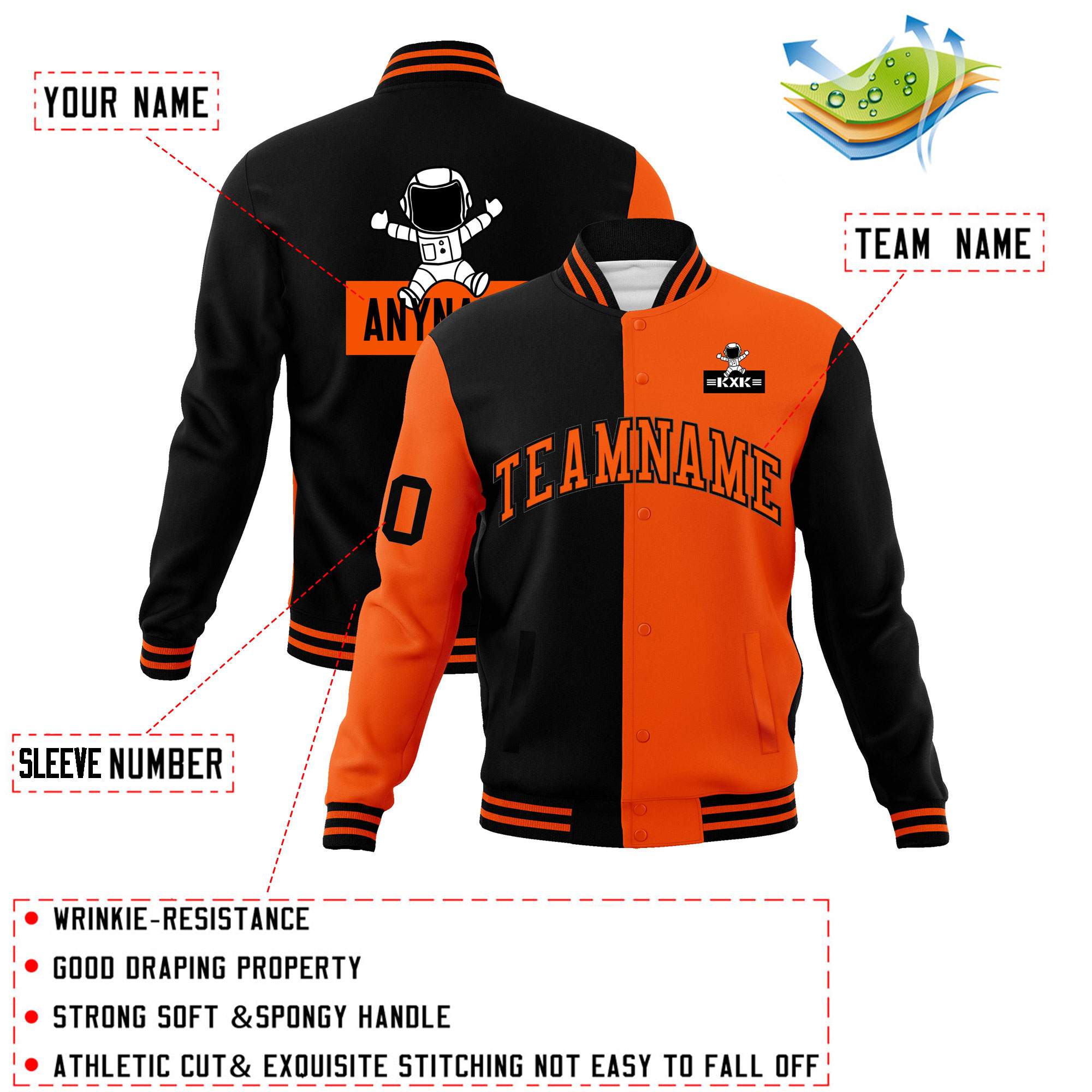 Custom Black Orange Two Tone Split Fashion Varsity Letterman Jacket with Raglan Sleeves