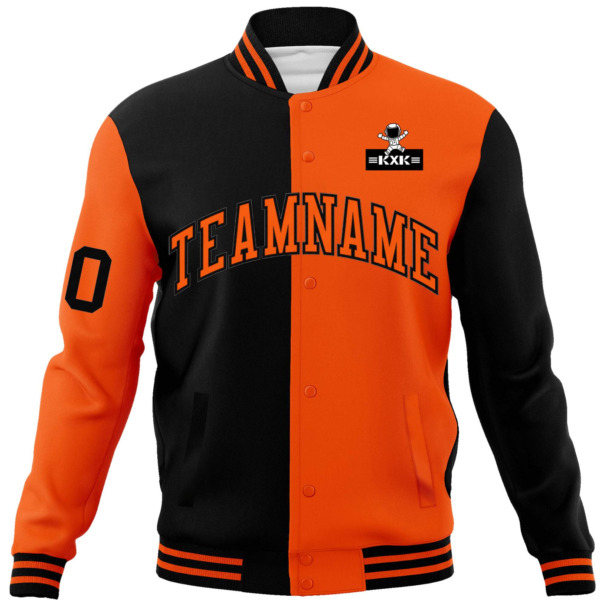 Custom Black Orange Two Tone Split Fashion Varsity Letterman Jacket with Raglan Sleeves