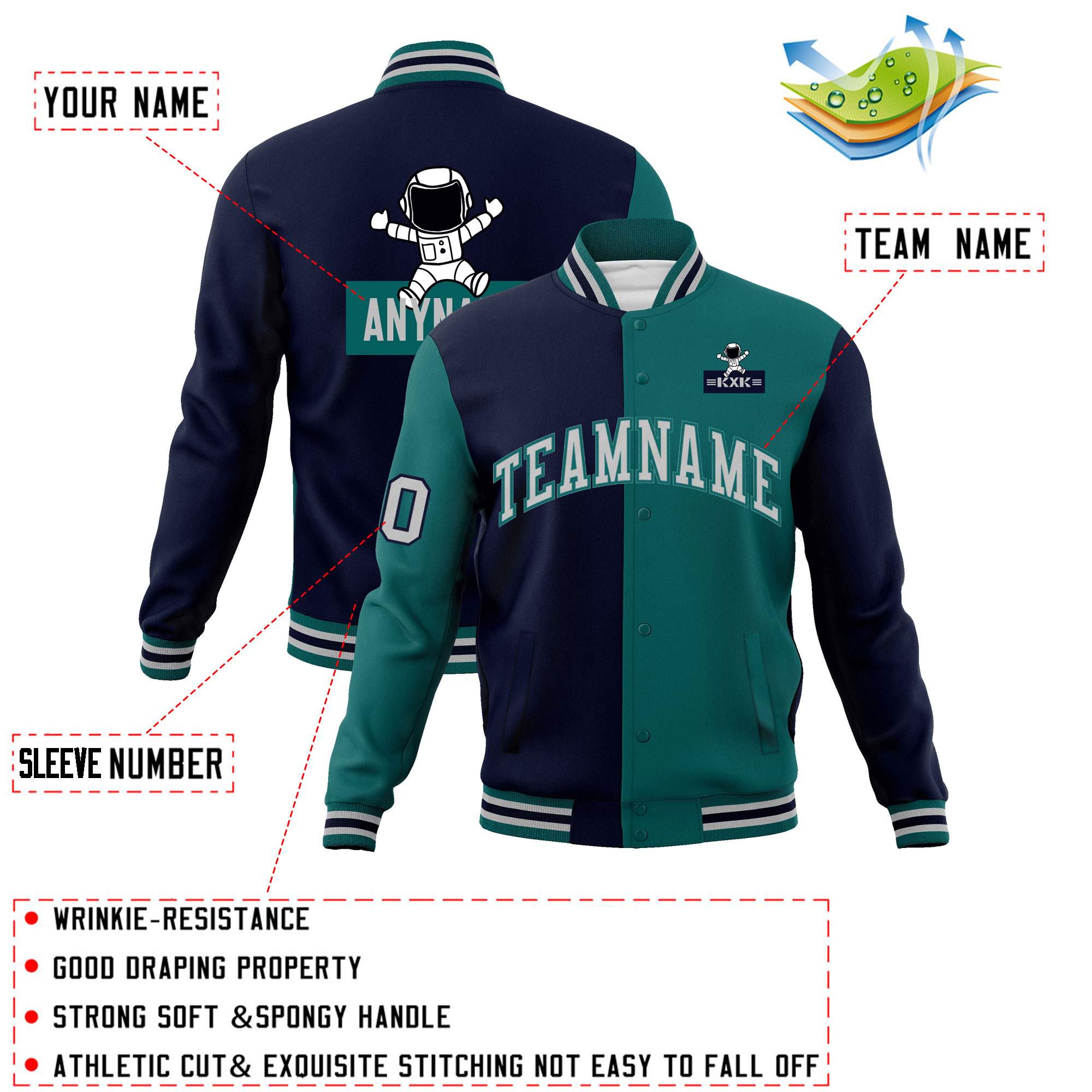 Custom Navy Aqua Two Tone Split Fashion Varsity Letterman Jacket with Raglan Sleeves