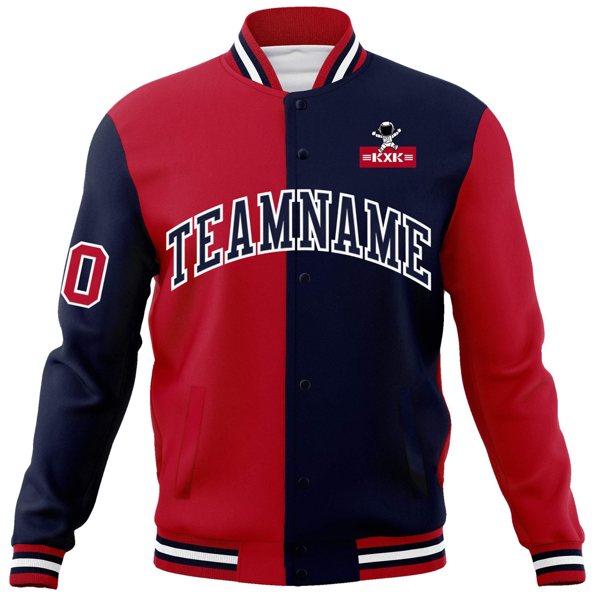 Custom Red Navy Two Tone Split Fashion Varsity Letterman Jacket with Raglan Sleeves