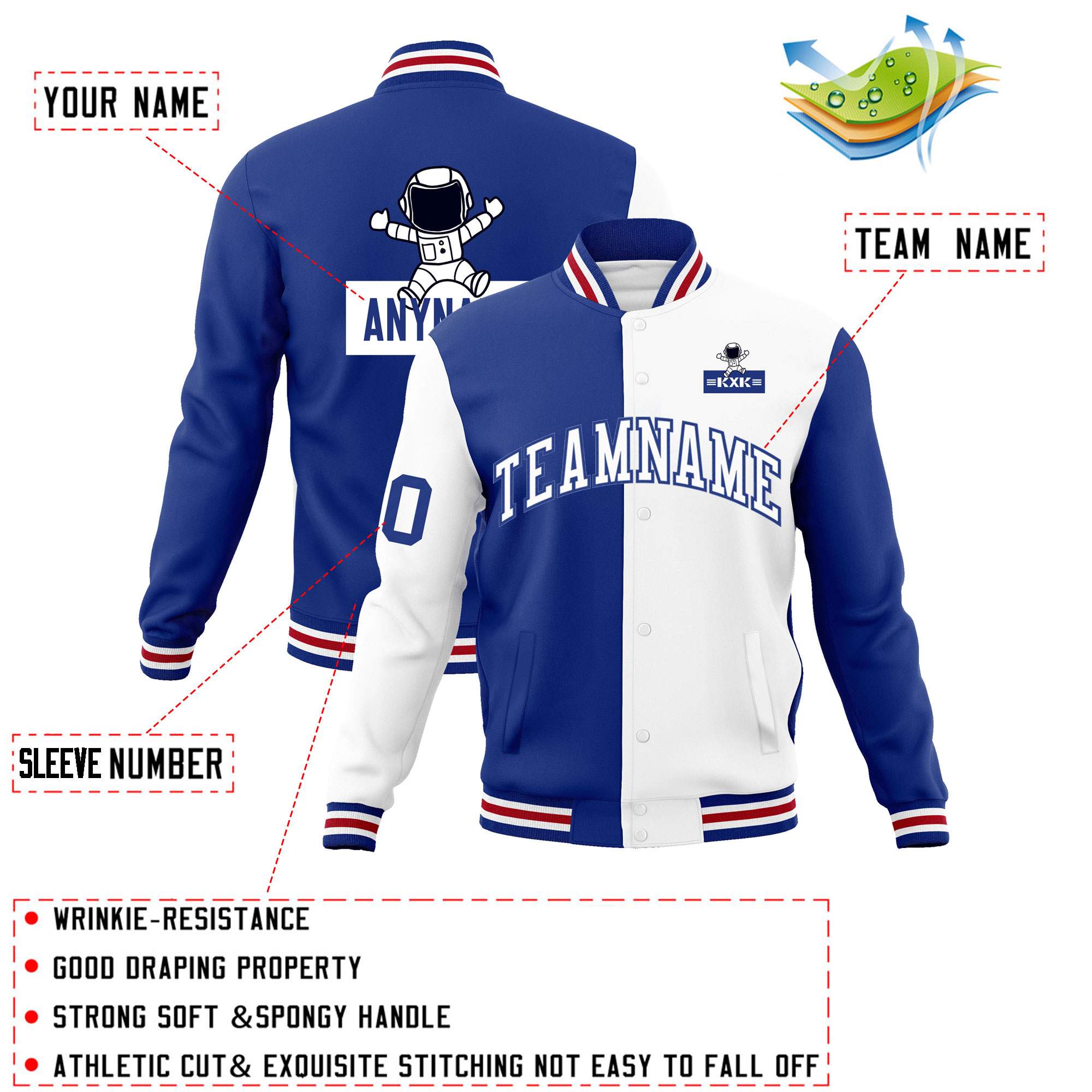 Custom Royal White Two Tone Split Fashion Varsity Letterman Jacket with Raglan Sleeves