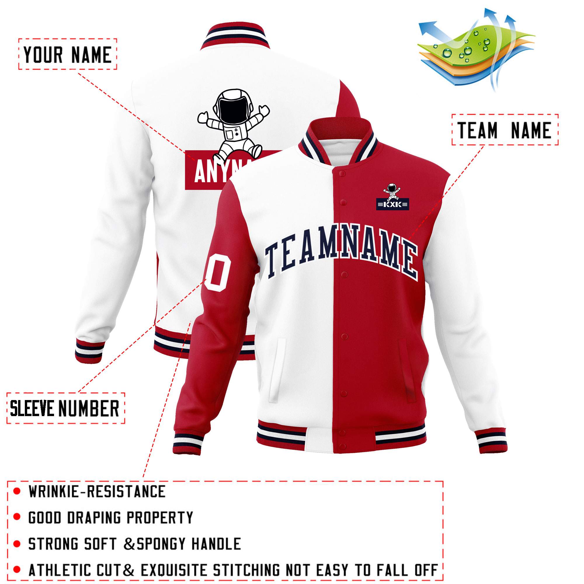 Custom White Red Two Tone Split Fashion Varsity Letterman Jacket with Raglan Sleeves