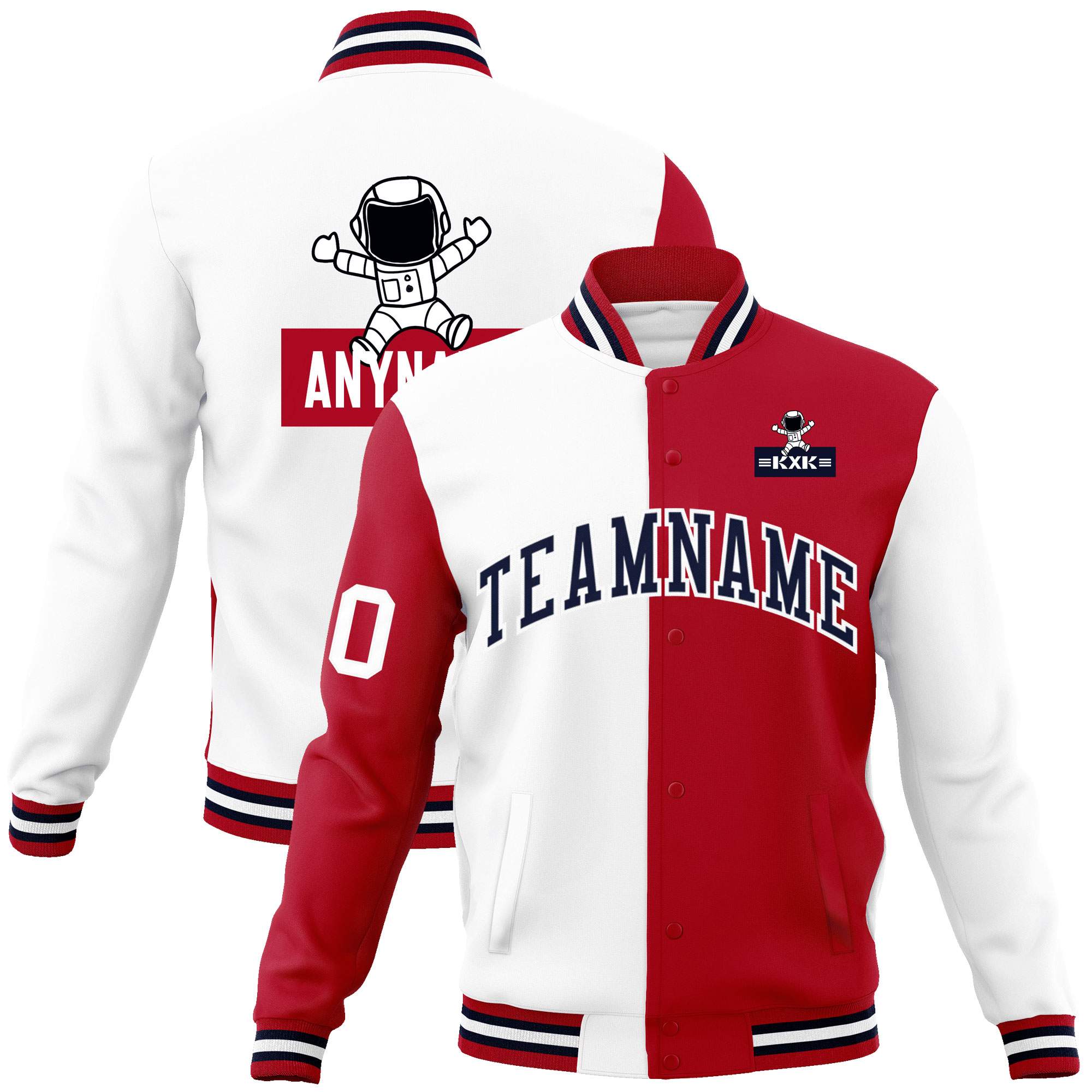 Custom White Red Two Tone Split Fashion Varsity Letterman Jacket with Raglan Sleeves