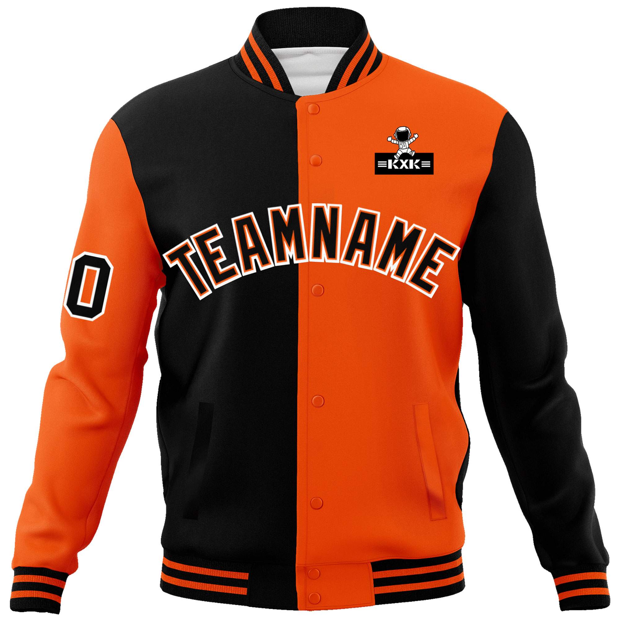 Custom Black Orange Two Tone Split Fashion Varsity Letterman Jacket with Raglan Sleeves