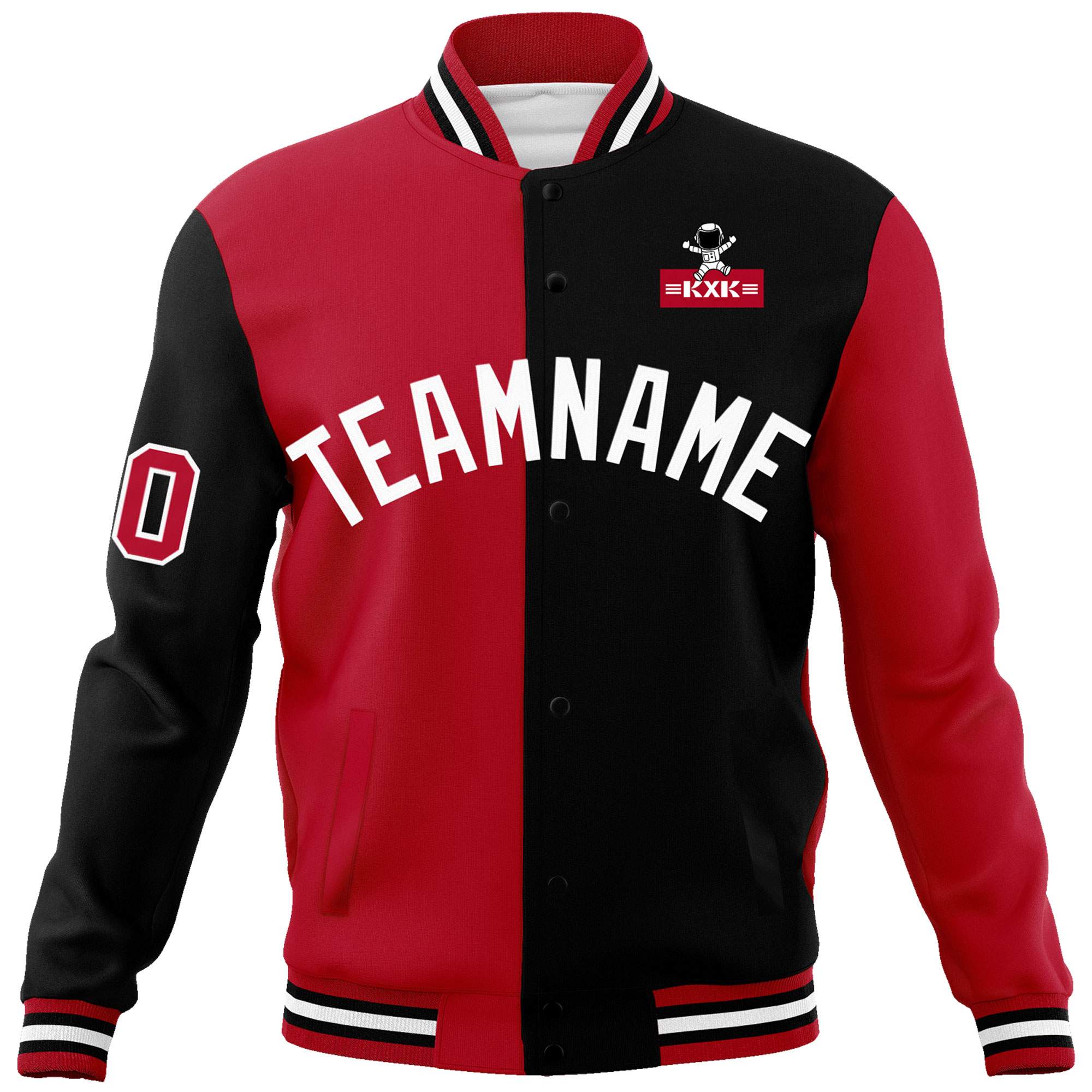 Custom Red Black Two Tone Split Fashion Varsity Letterman Jacket with Raglan Sleeves