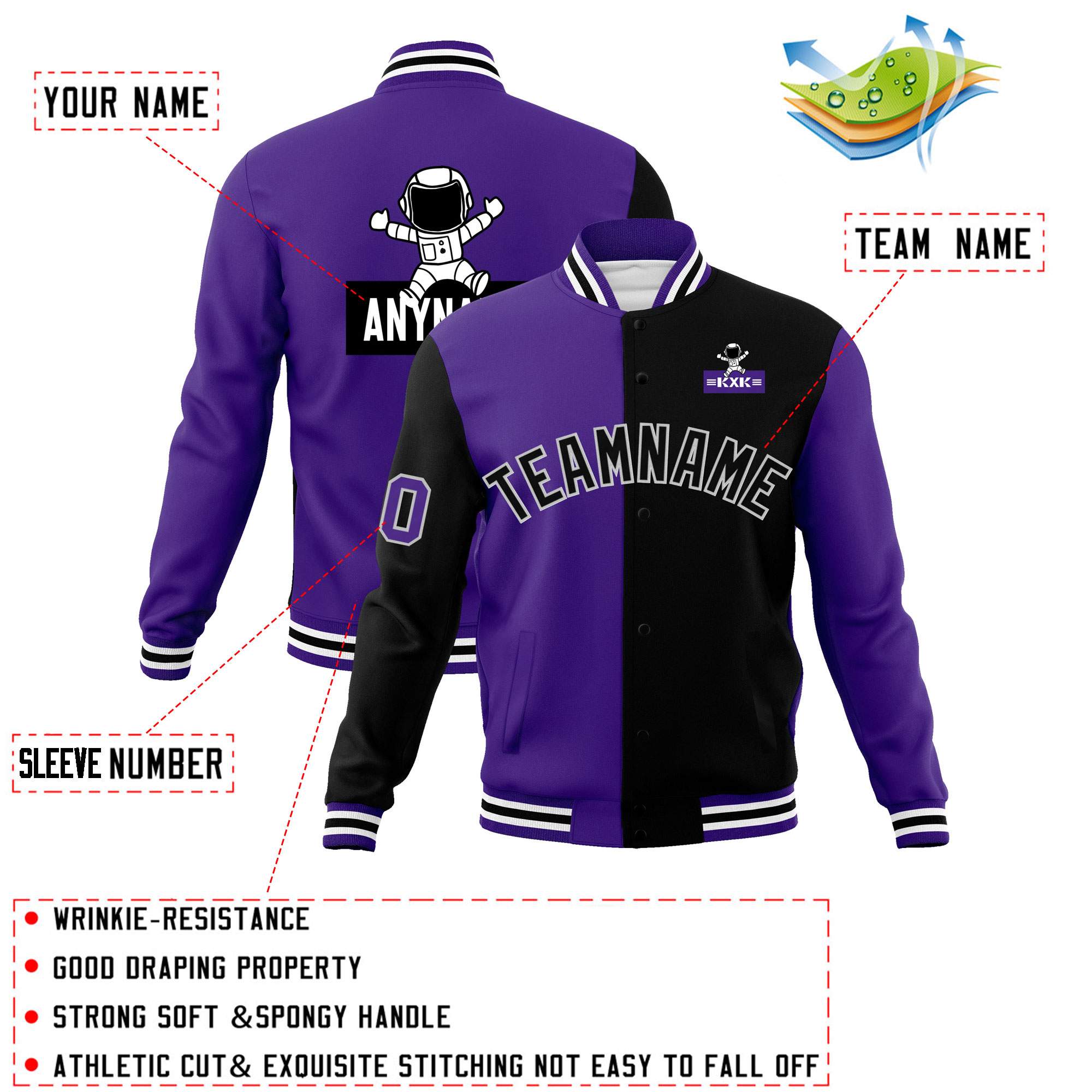 Custom Purple Black Two Tone Split Fashion Varsity Letterman Jacket with Raglan Sleeves