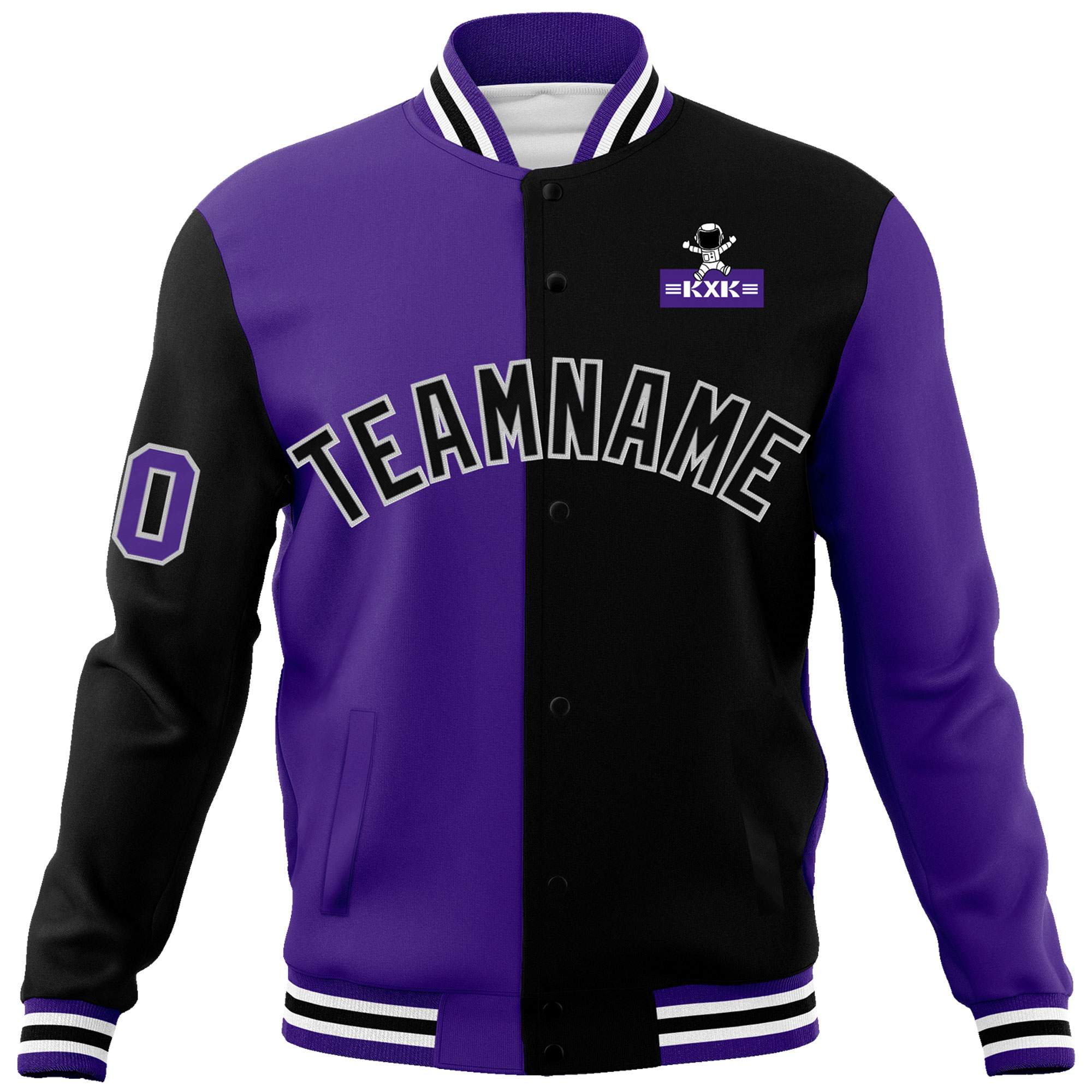 Custom Purple Black Two Tone Split Fashion Varsity Letterman Jacket with Raglan Sleeves