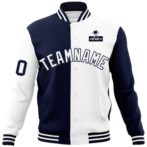 Custom Navy White Two Tone Split Fashion Varsity Letterman Jacket with Raglan Sleeves