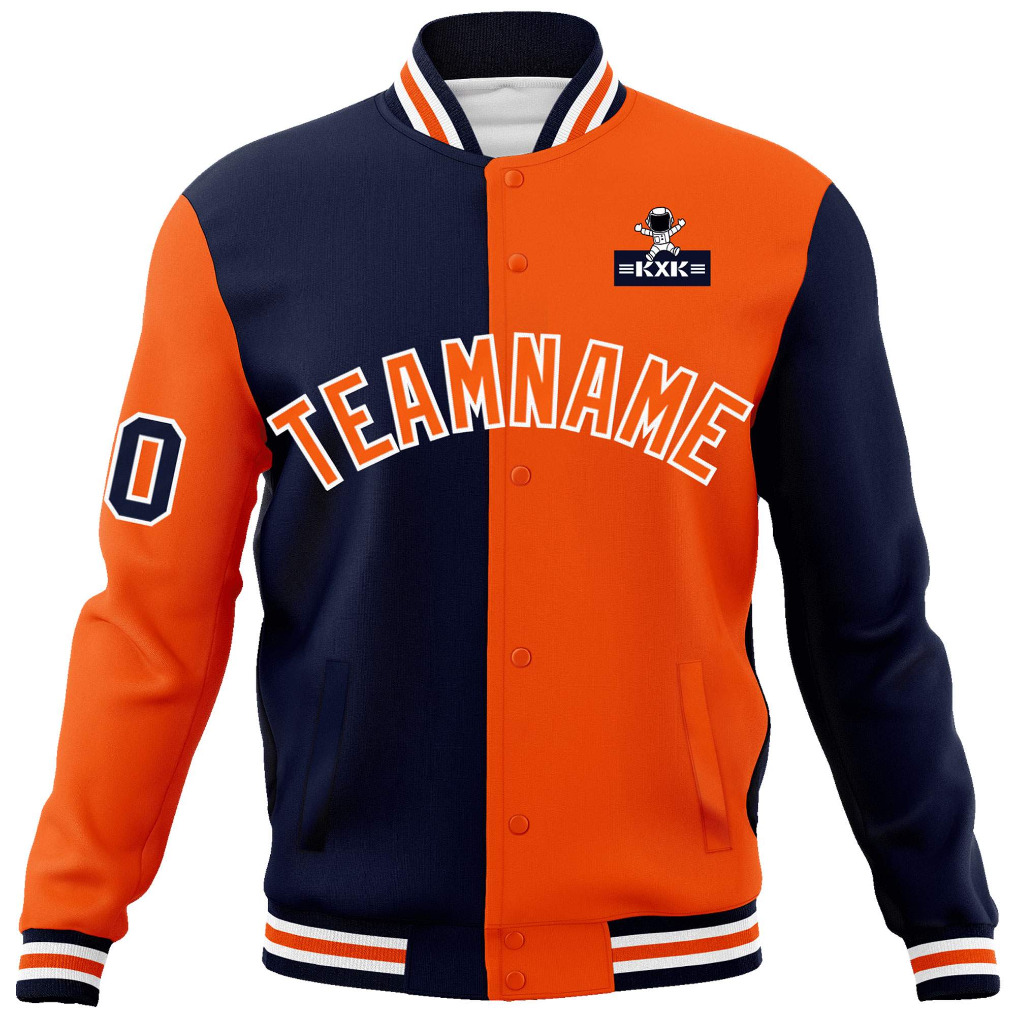 Custom Navy Orange Two Tone Split Fashion Varsity Letterman Jacket with Raglan Sleeves