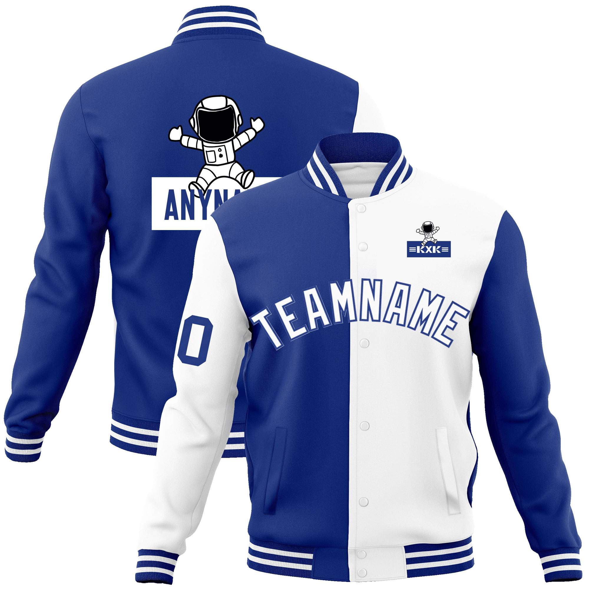 Custom Royal White Two Tone Split Fashion Varsity Letterman Jacket with Raglan Sleeves