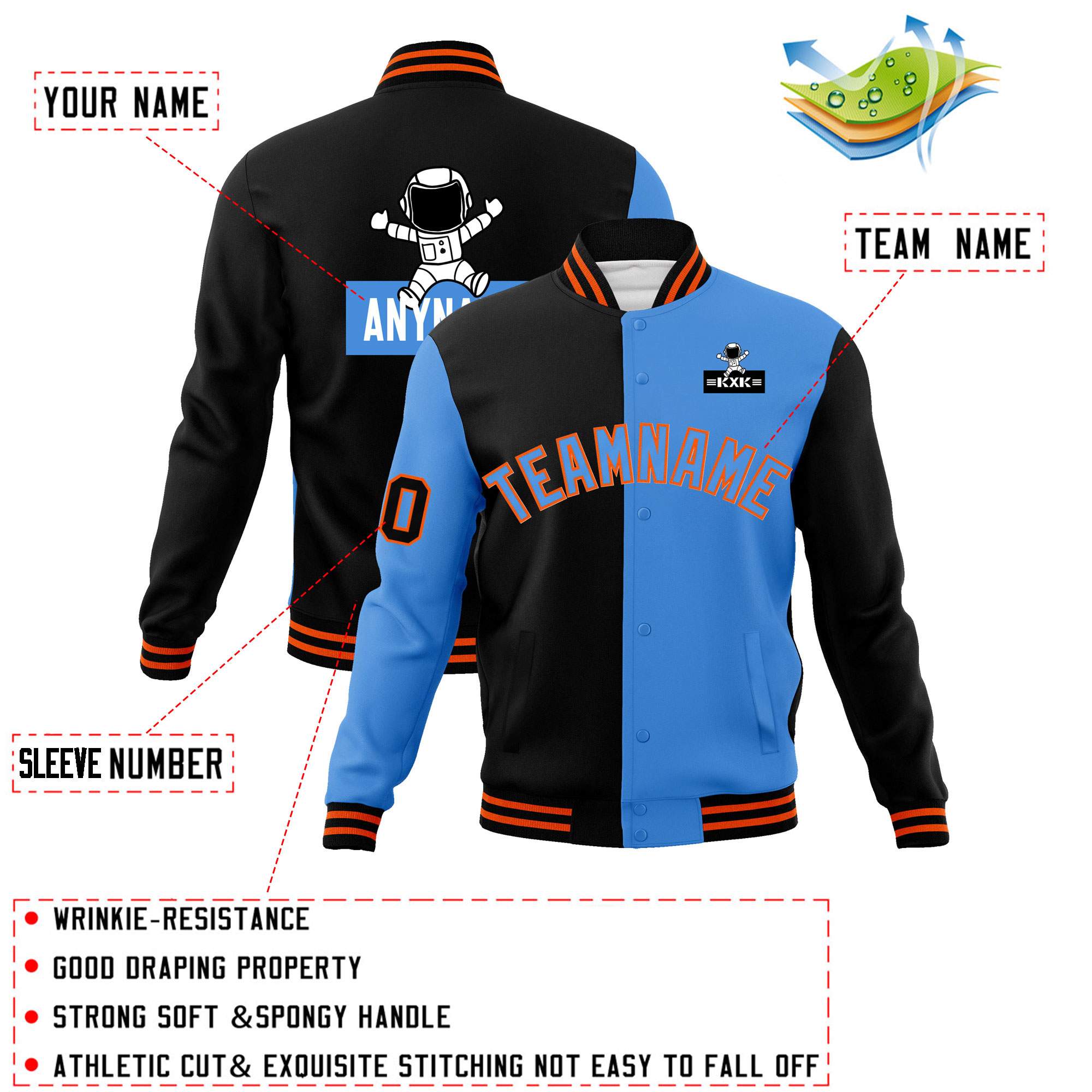 Custom Black Powder Blue Two Tone Split Fashion Varsity Letterman Jacket with Raglan Sleeves