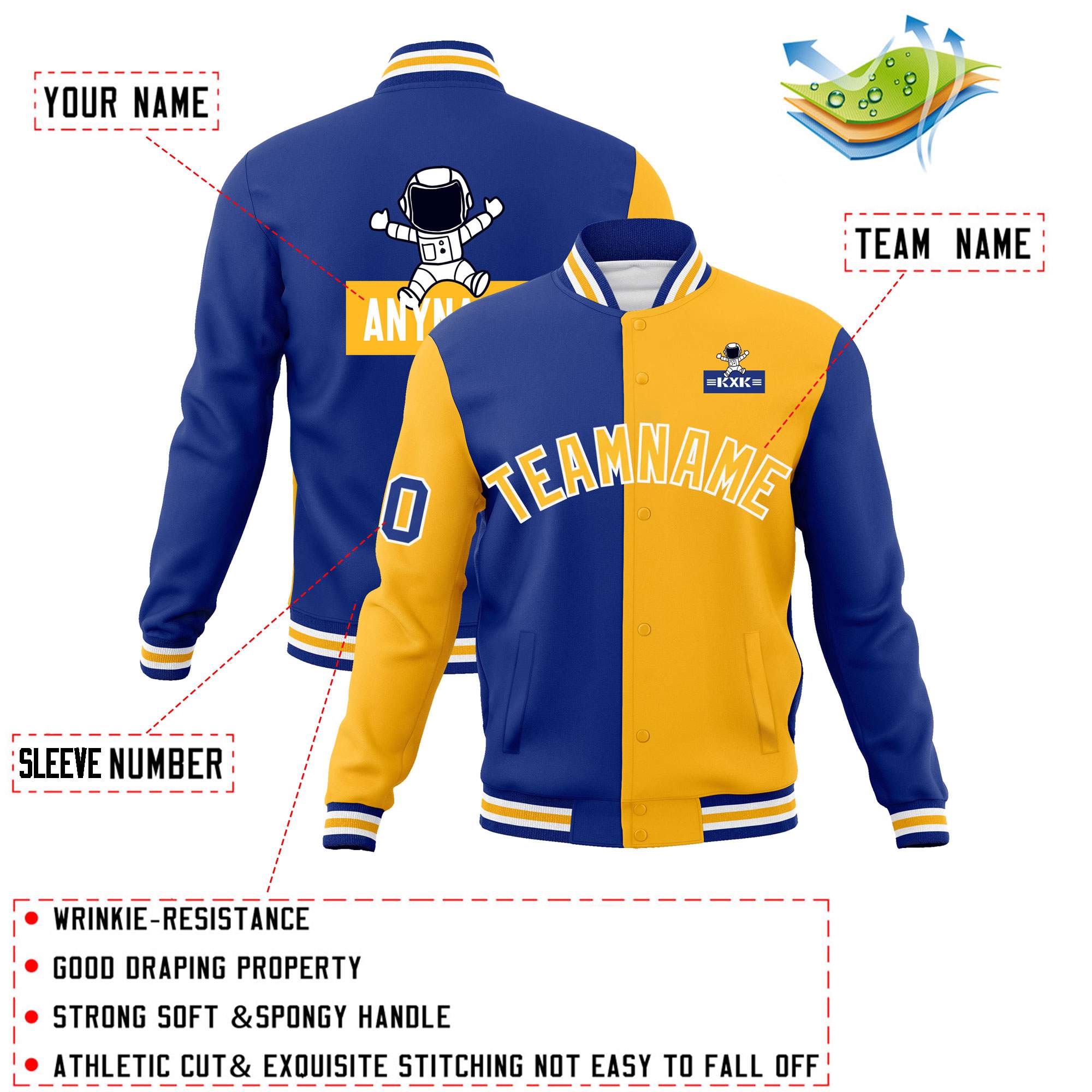 Custom Royal Gold Two Tone Split Fashion Varsity Letterman Jacket with Raglan Sleeves