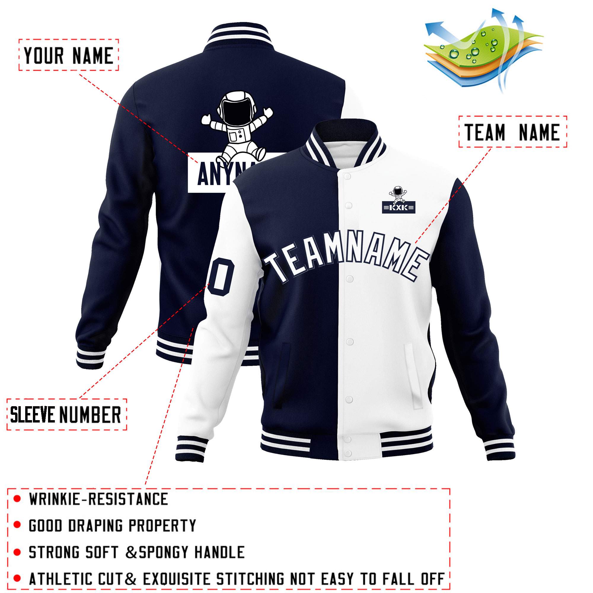 Custom Navy White Two Tone Split Fashion Varsity Letterman Jacket with Raglan Sleeves