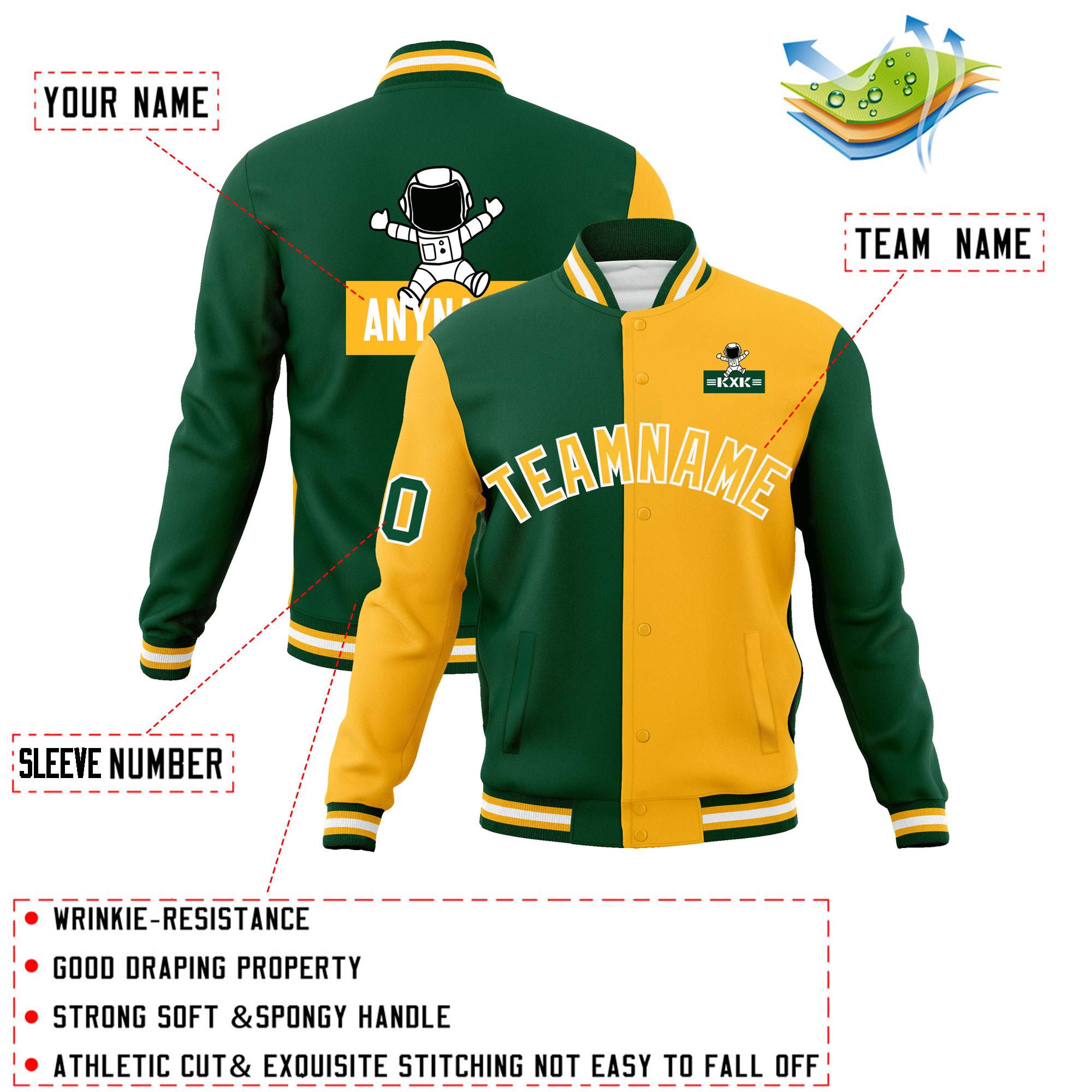 Custom Green Gold Two Tone Split Fashion Varsity Letterman Jacket with Raglan Sleeves