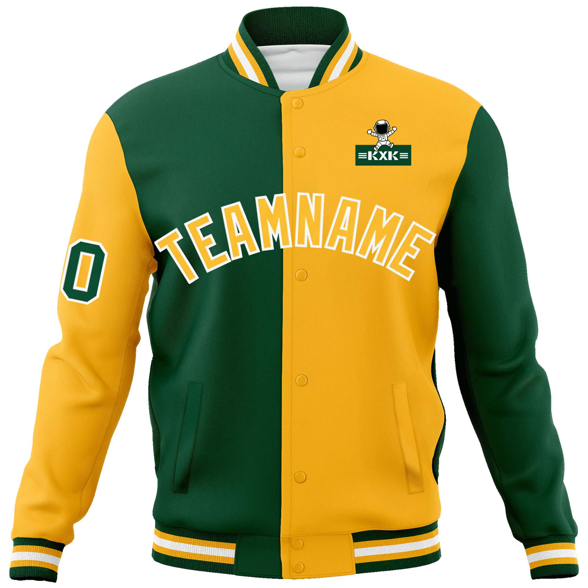 Custom Green Gold Two Tone Split Fashion Varsity Letterman Jacket with Raglan Sleeves