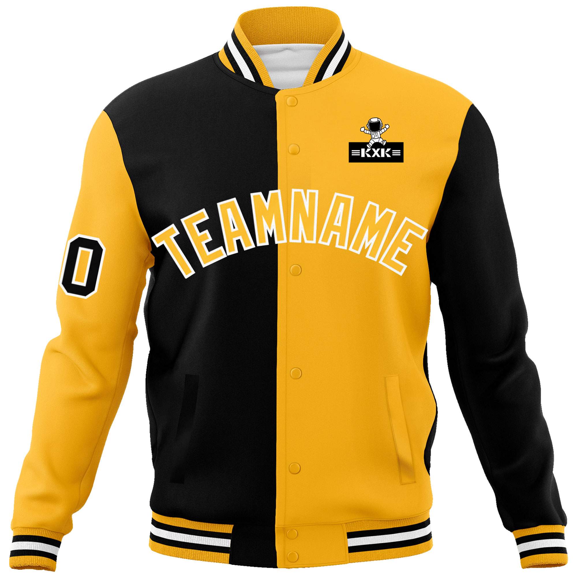 Custom Black Gold Two Tone Split Fashion Varsity Letterman Jacket with Raglan Sleeves