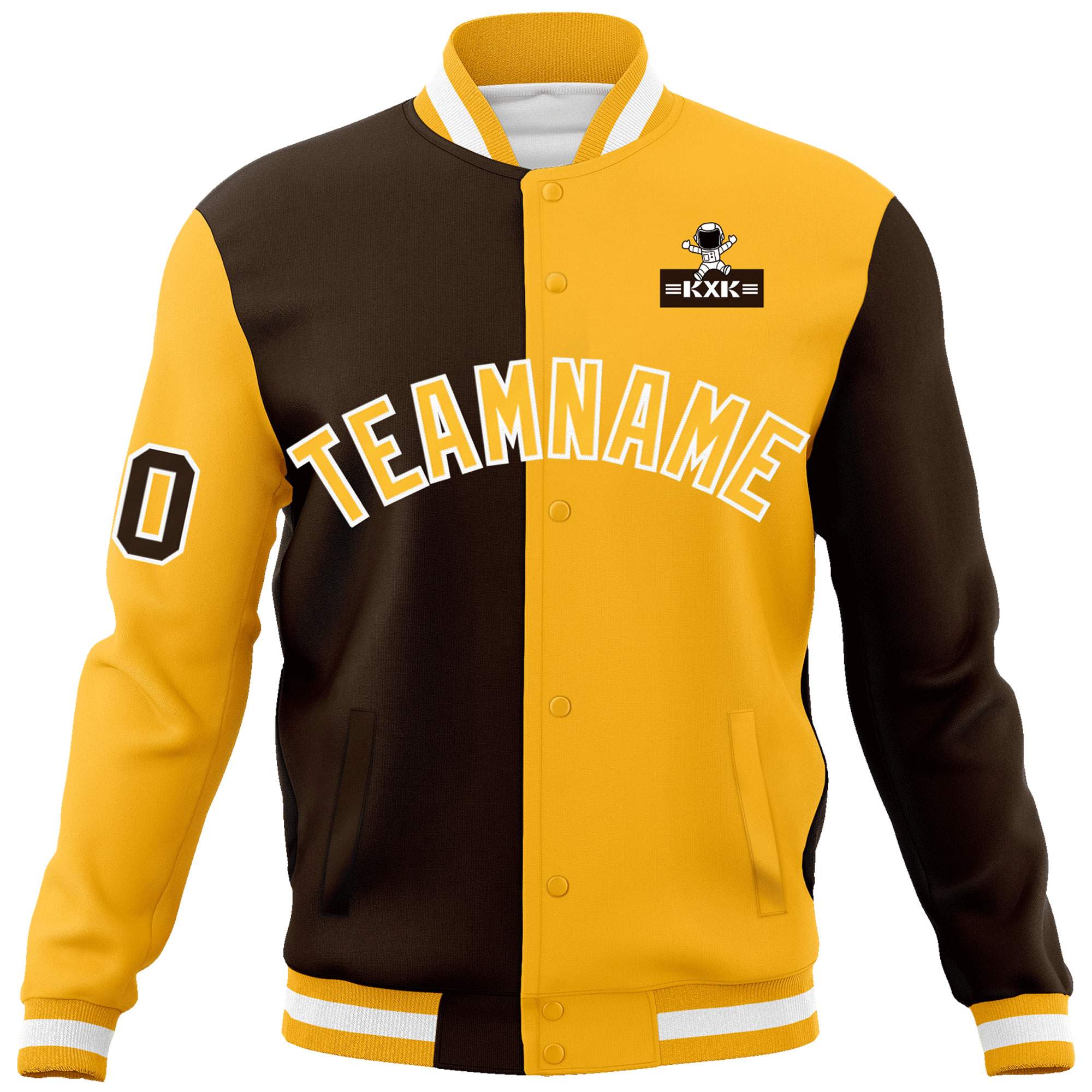 Custom Brown Gold Two Tone Split Fashion Varsity Letterman Jacket with Raglan Sleeves