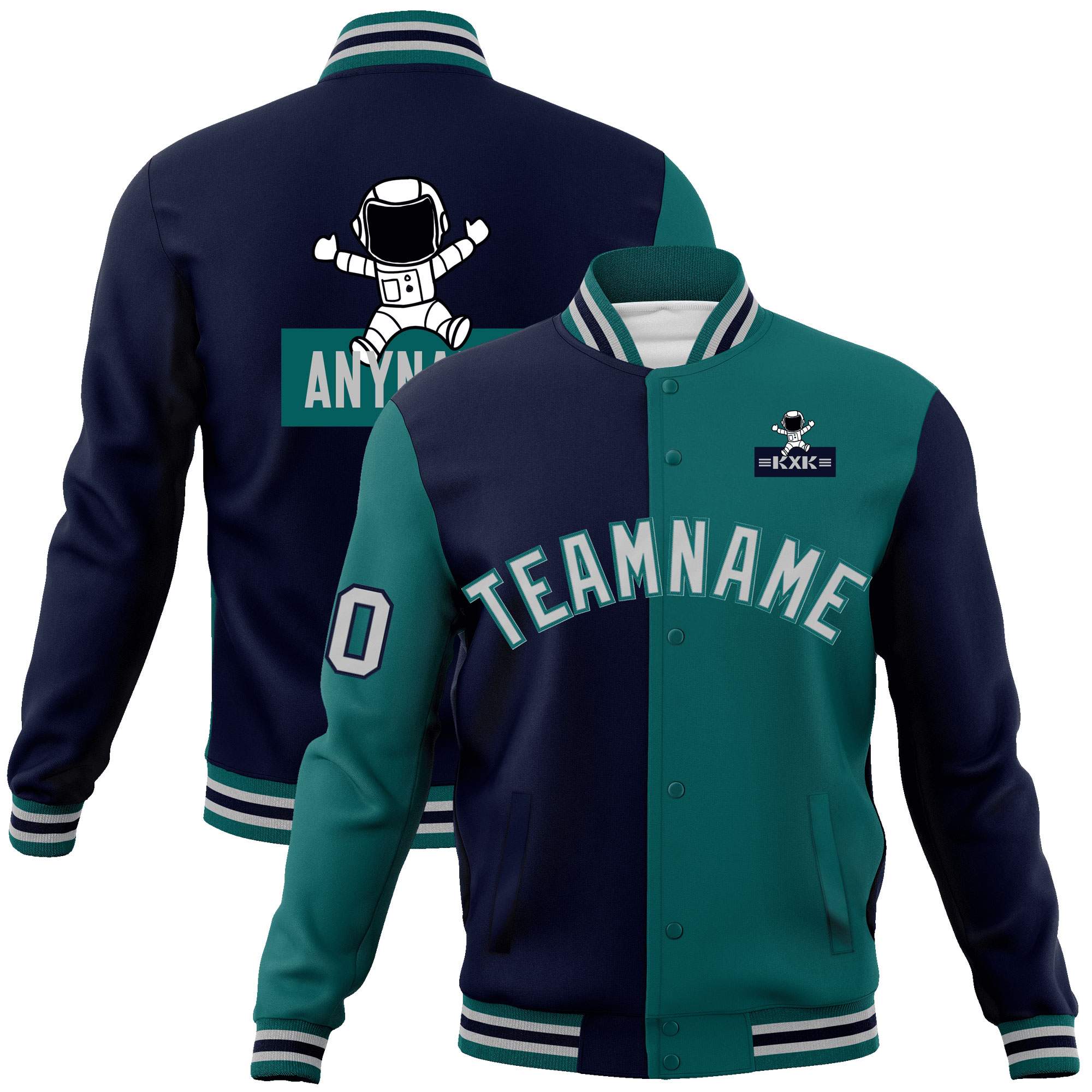 Custom Navy Aqua Two Tone Split Fashion Varsity Letterman Jacket with Raglan Sleeves